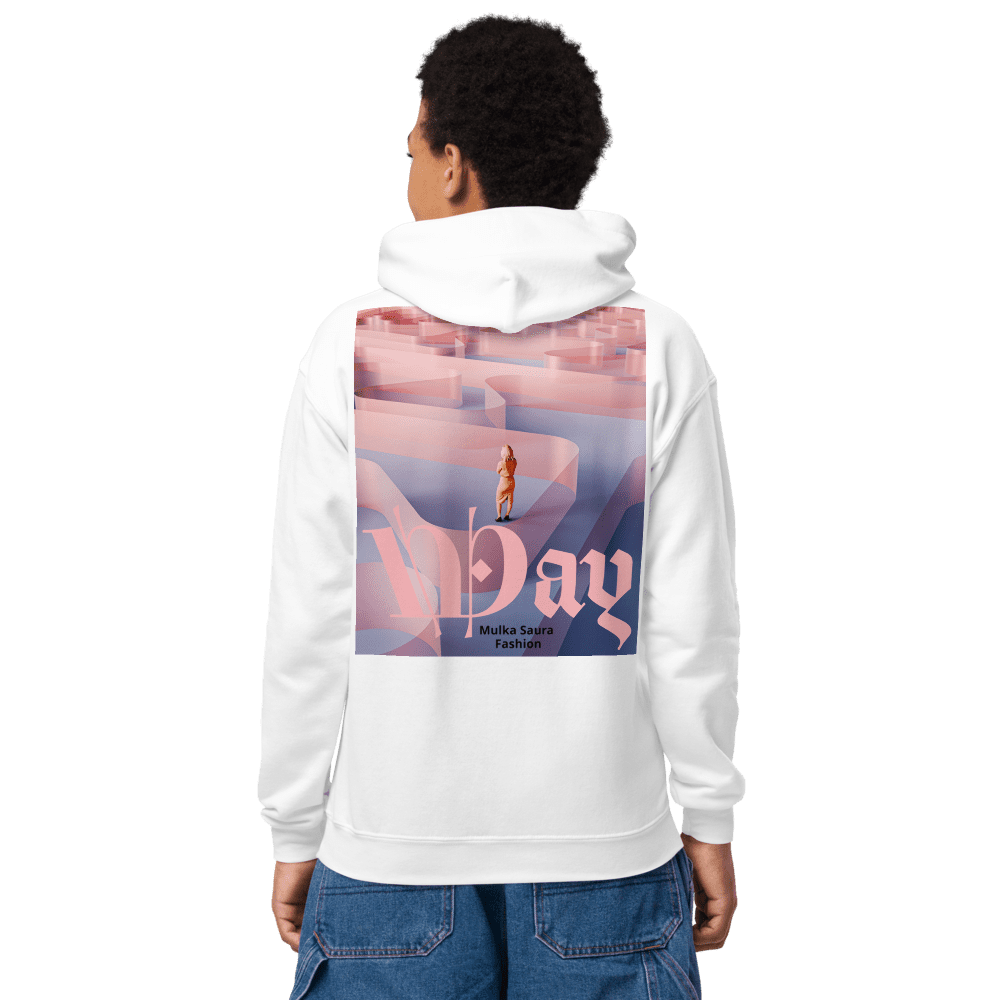 Person wearing hoodie with artistic design.