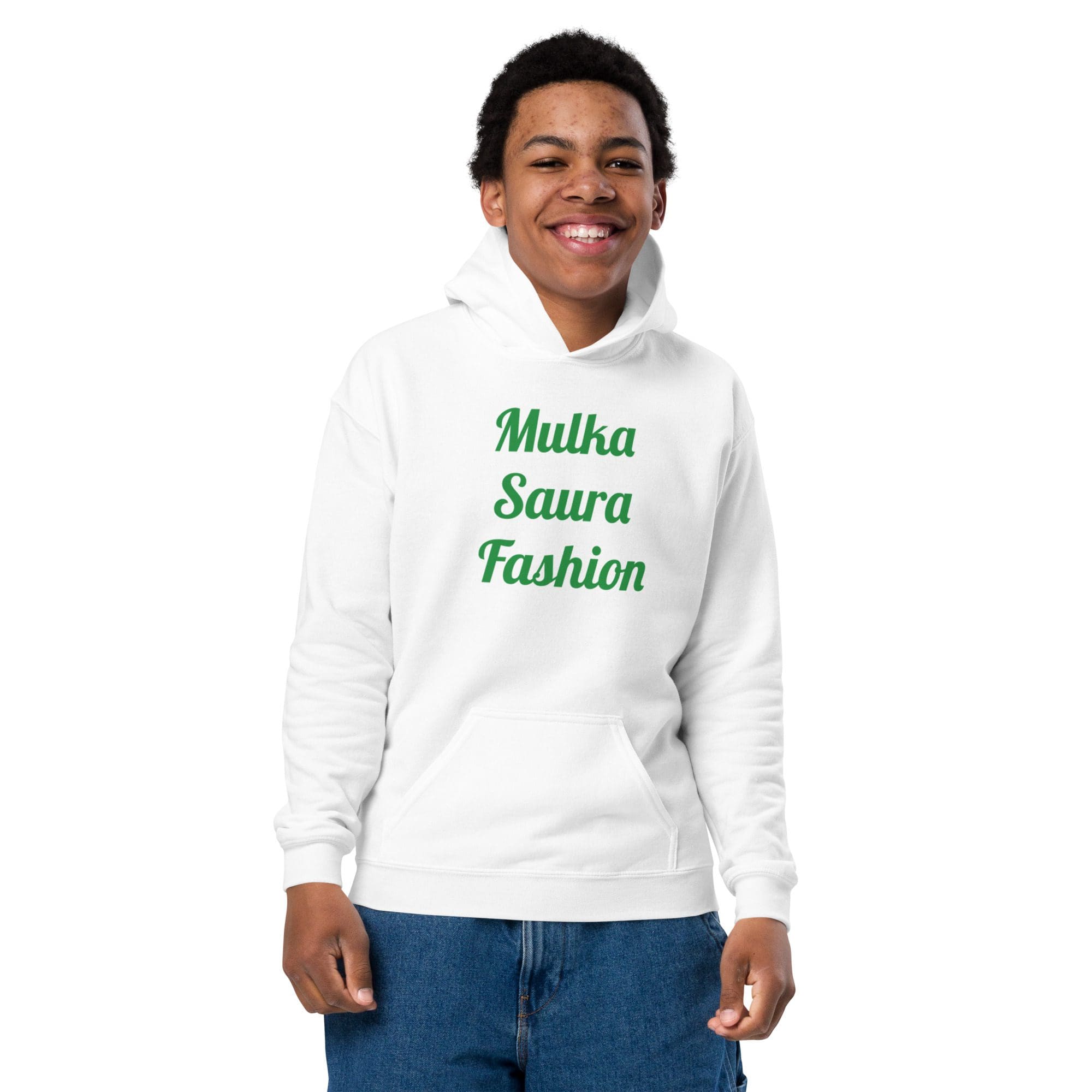 Smiling person in white hoodie "Mulka Saura Fashion