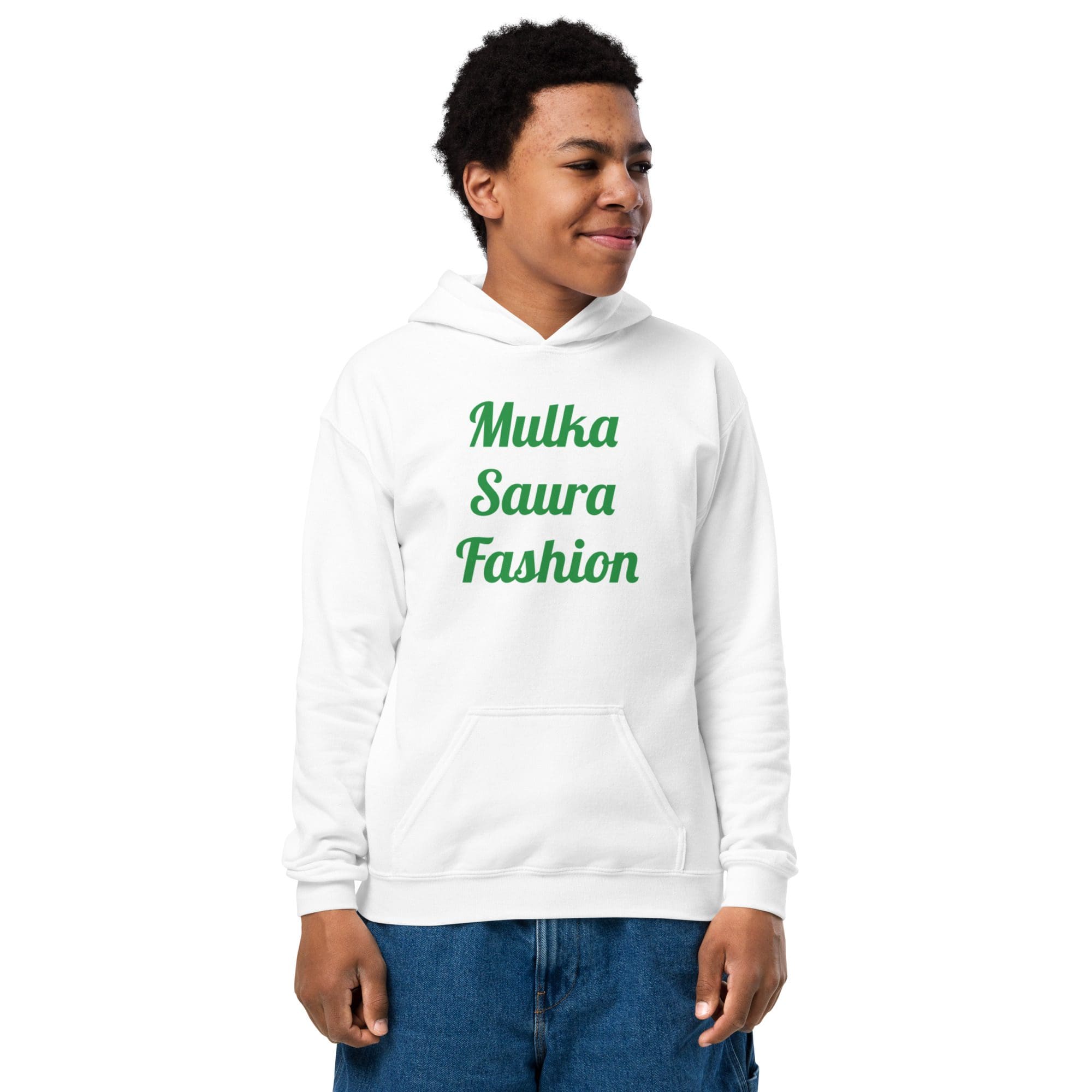 Young person in white "Mulka Saura Fashion" hoodie.