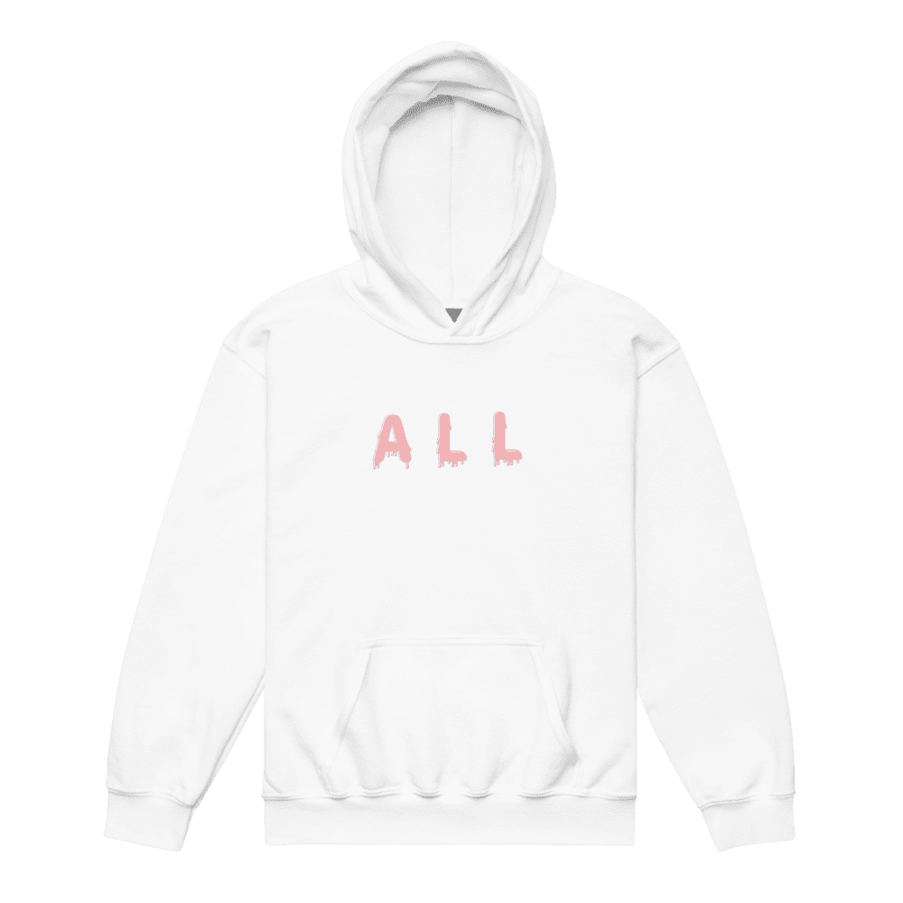 White hoodie with "ALL" in pink text.