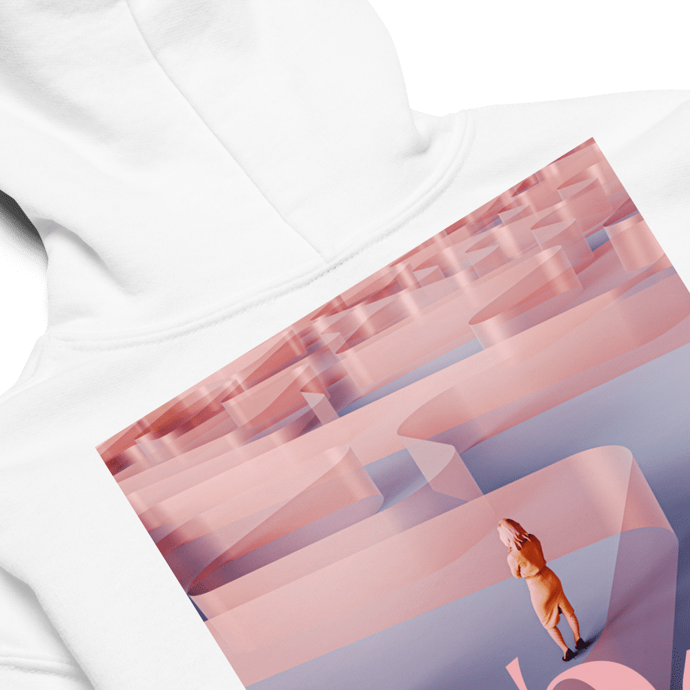 White hoodie with abstract maze design.