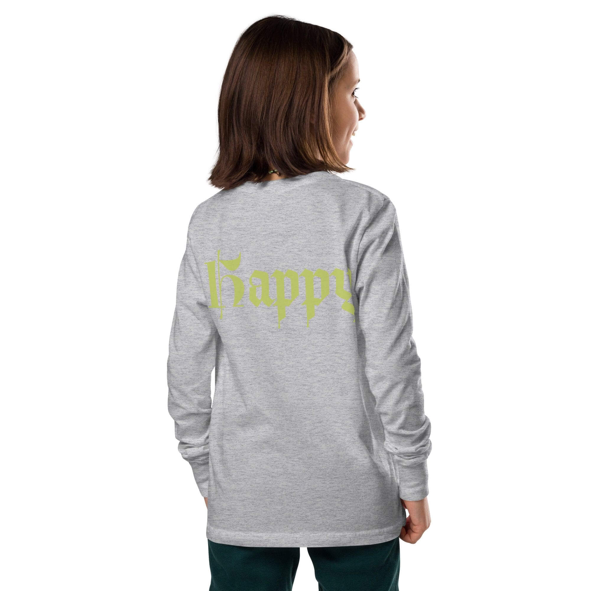 Child wearing "Happy" gray long-sleeve shirt.