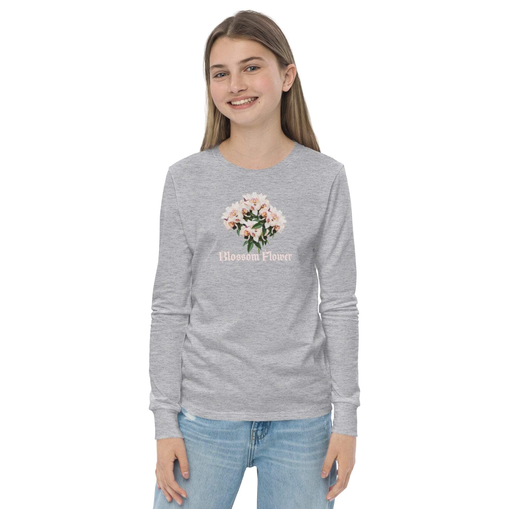 Girl wearing gray floral print sweatshirt.