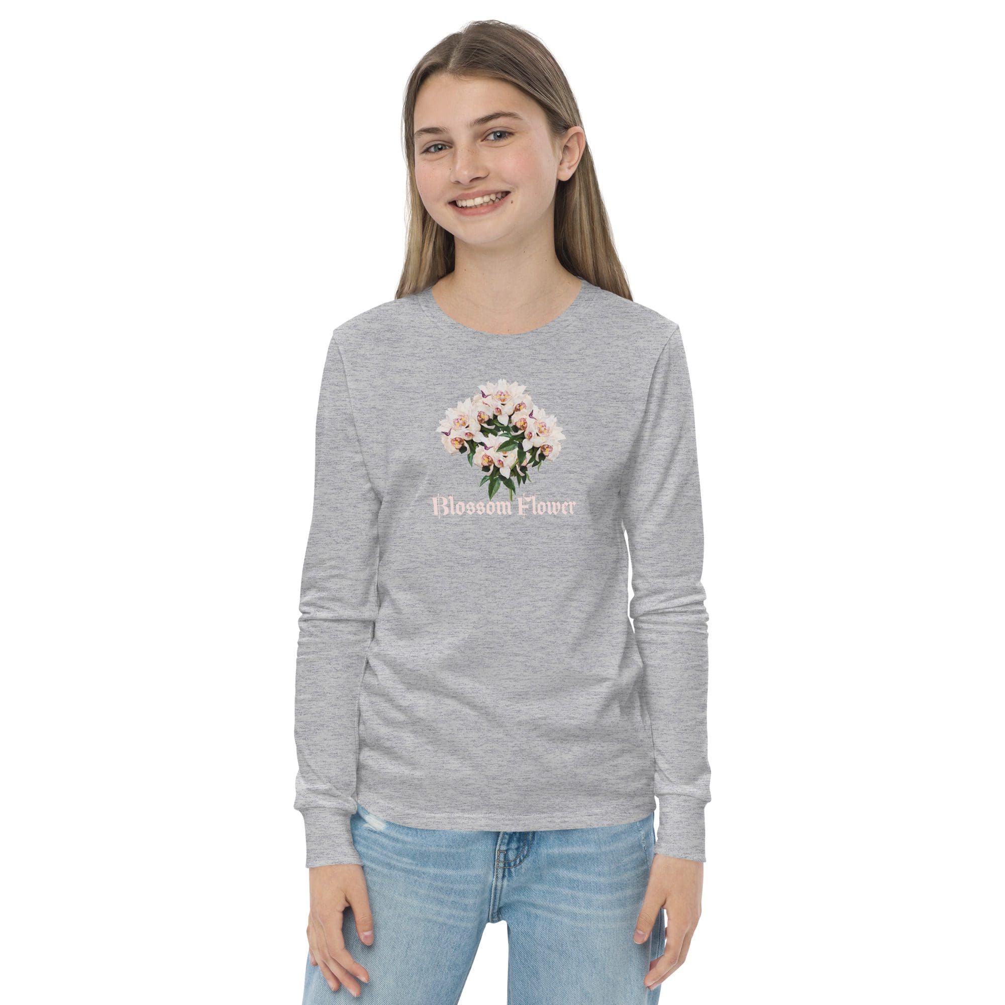 Girl wearing gray floral print long-sleeve shirt.