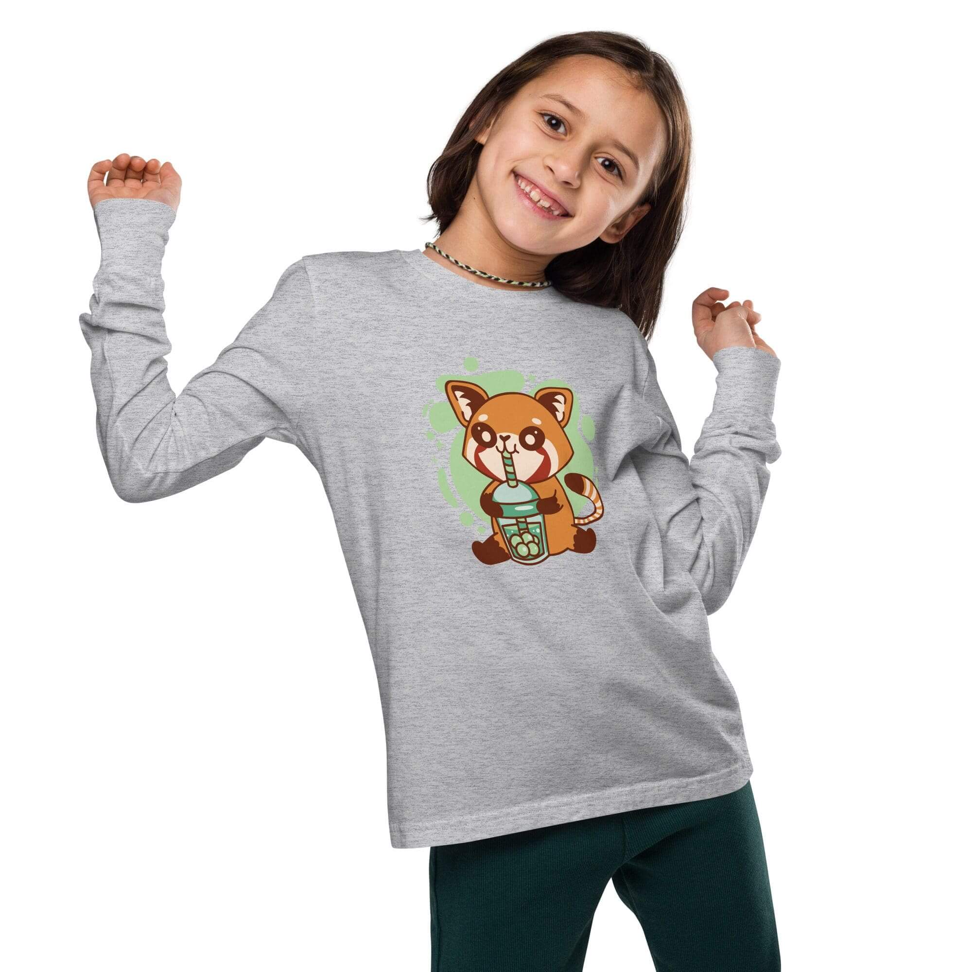 Girl posing in gray shirt, cartoon design.