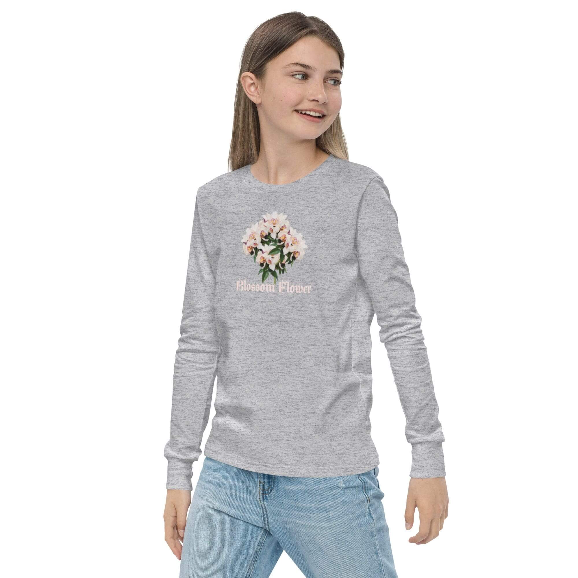 Woman wearing floral print gray sweatshirt.