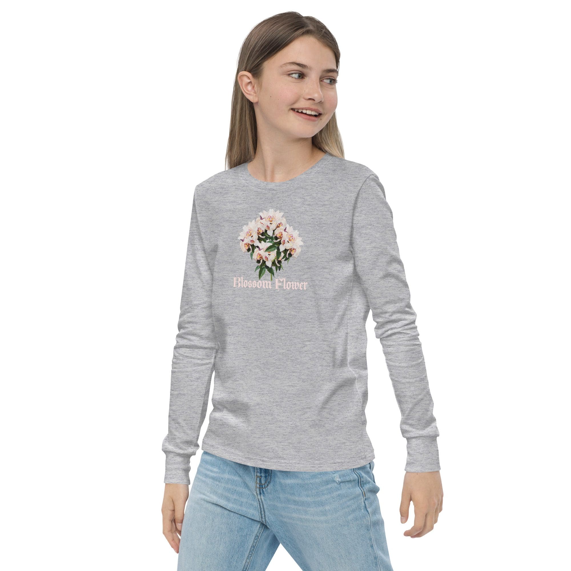 Woman in floral print gray long-sleeve shirt.