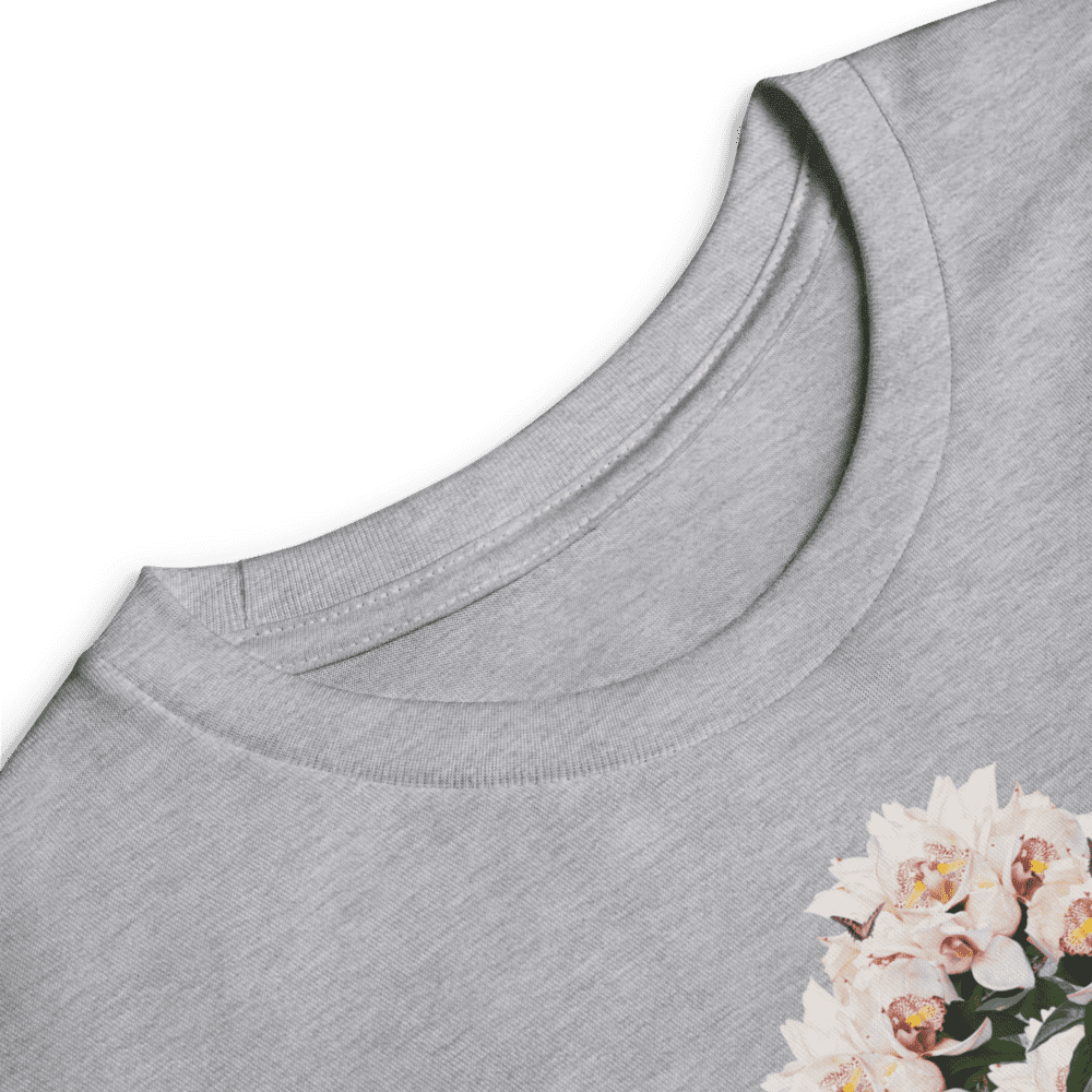 Gray T-shirt with floral design.