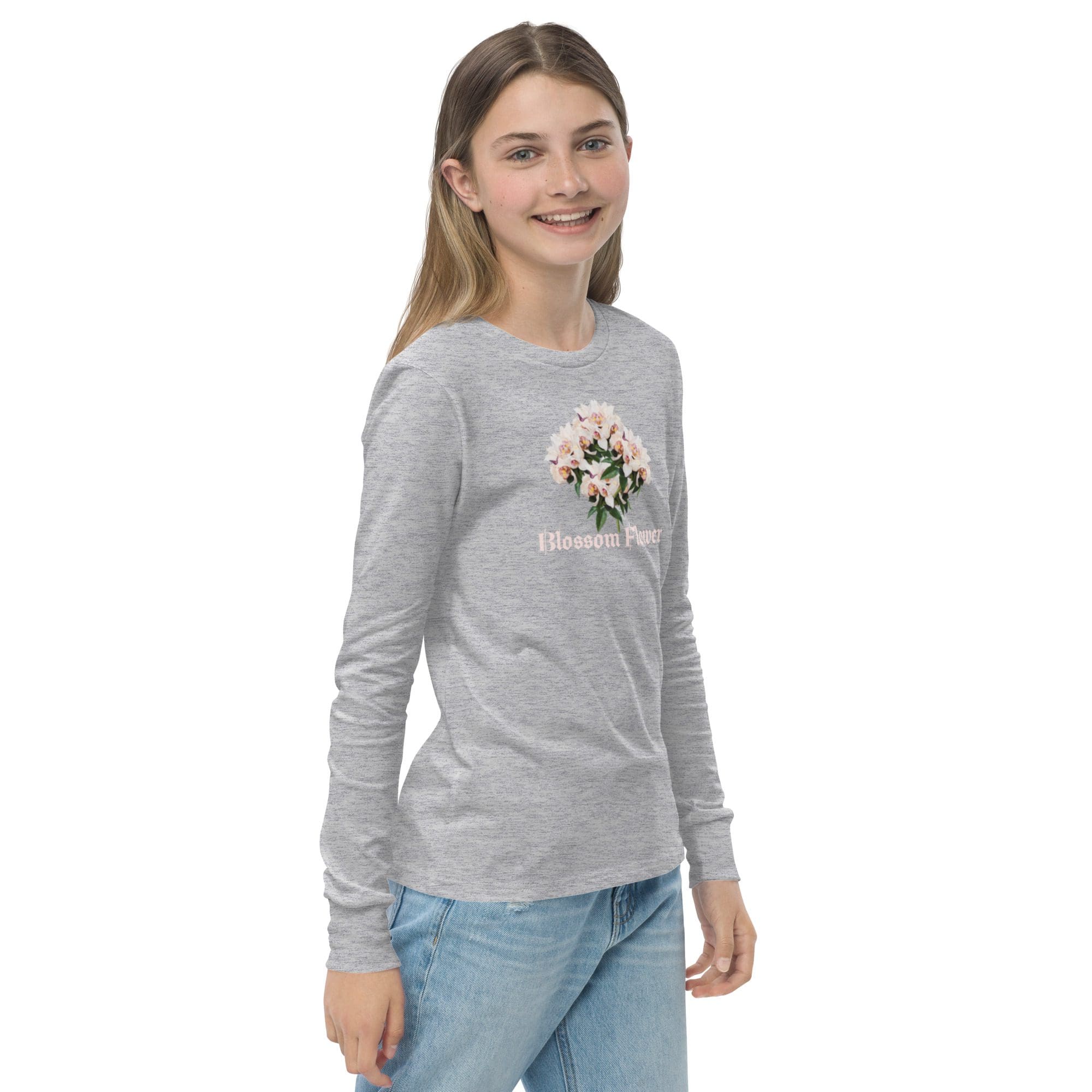 Girl wearing gray "Blossom Pure" sweatshirt.