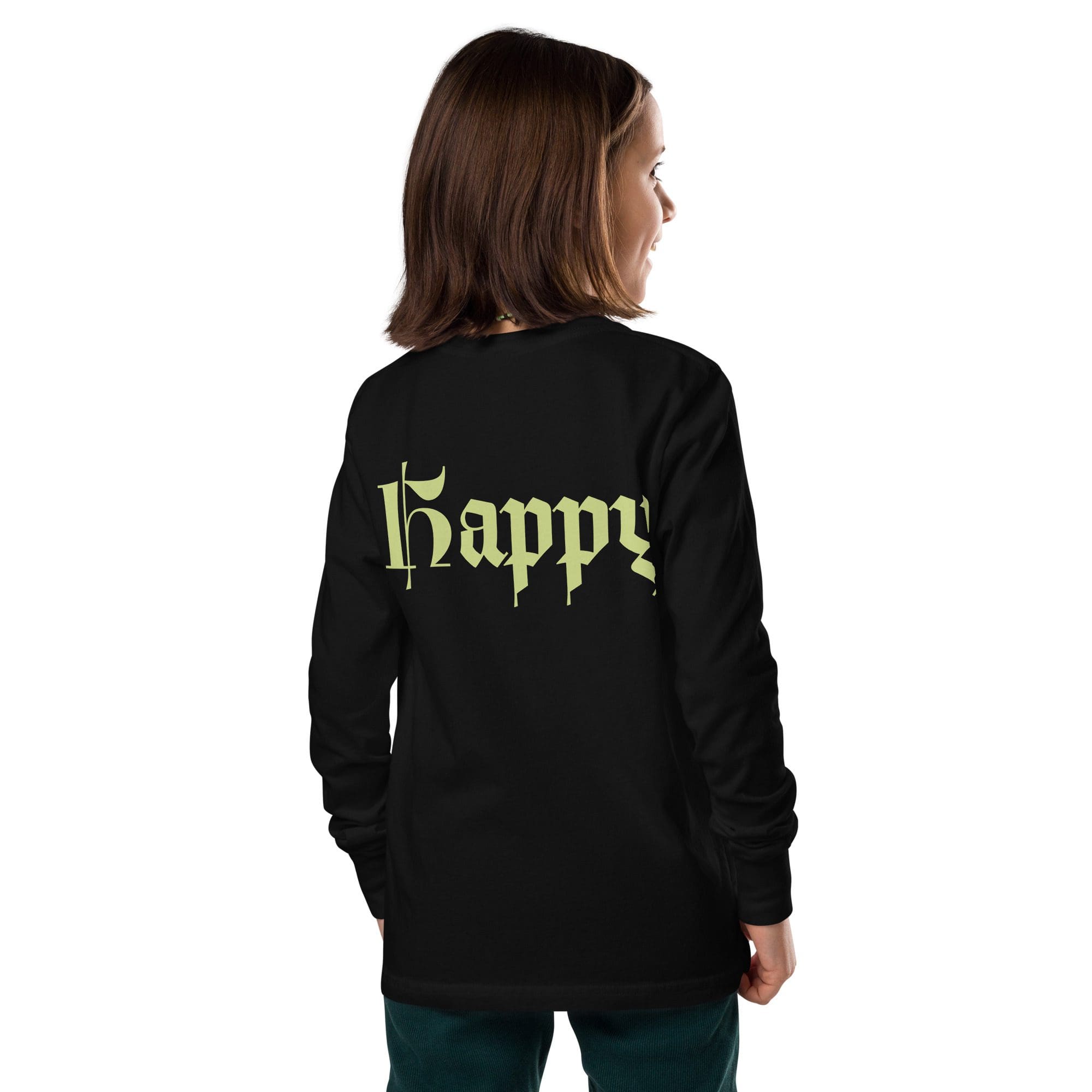 Child wearing "happy" printed black shirt.
