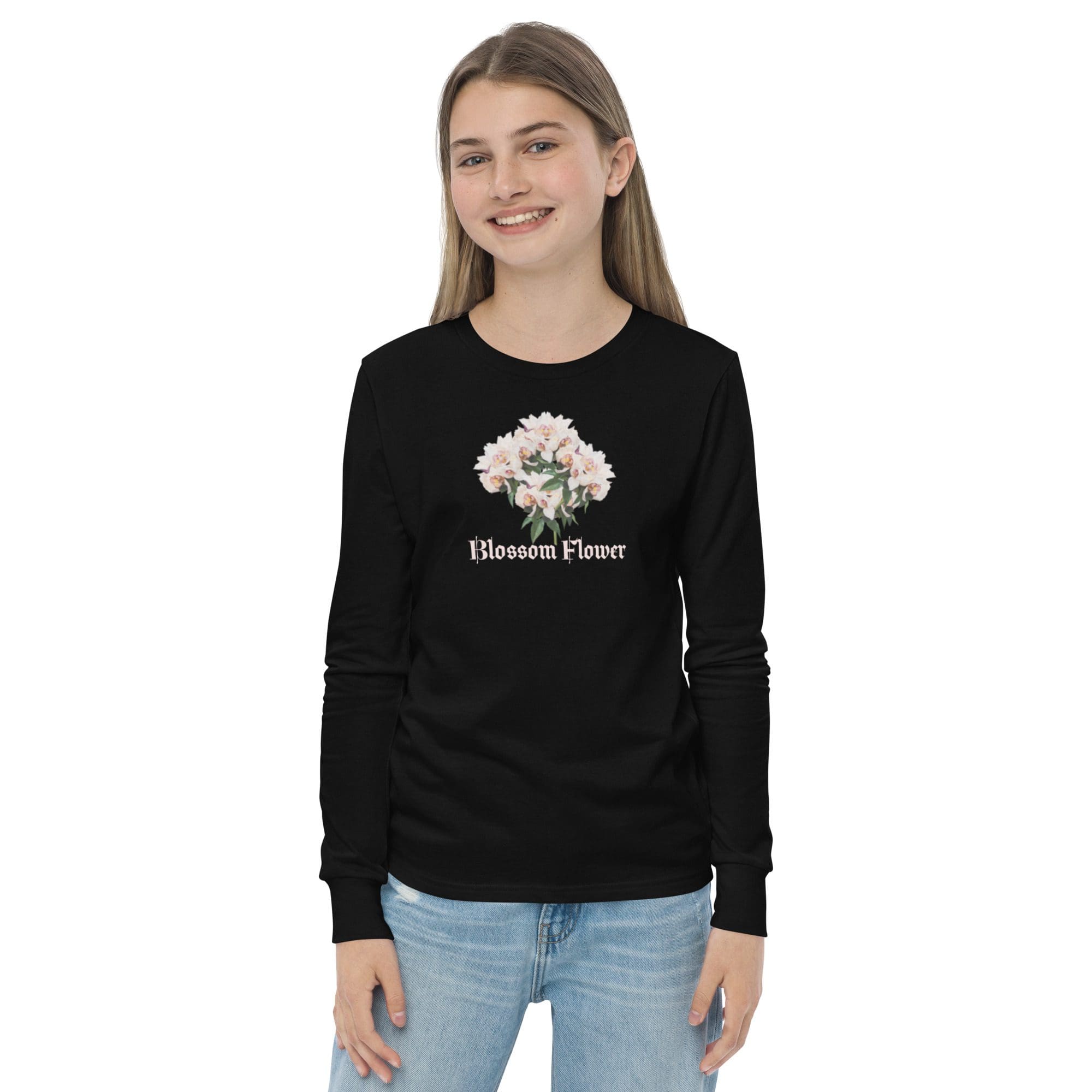 Girl wearing black "Blossom Flower" sweater.
