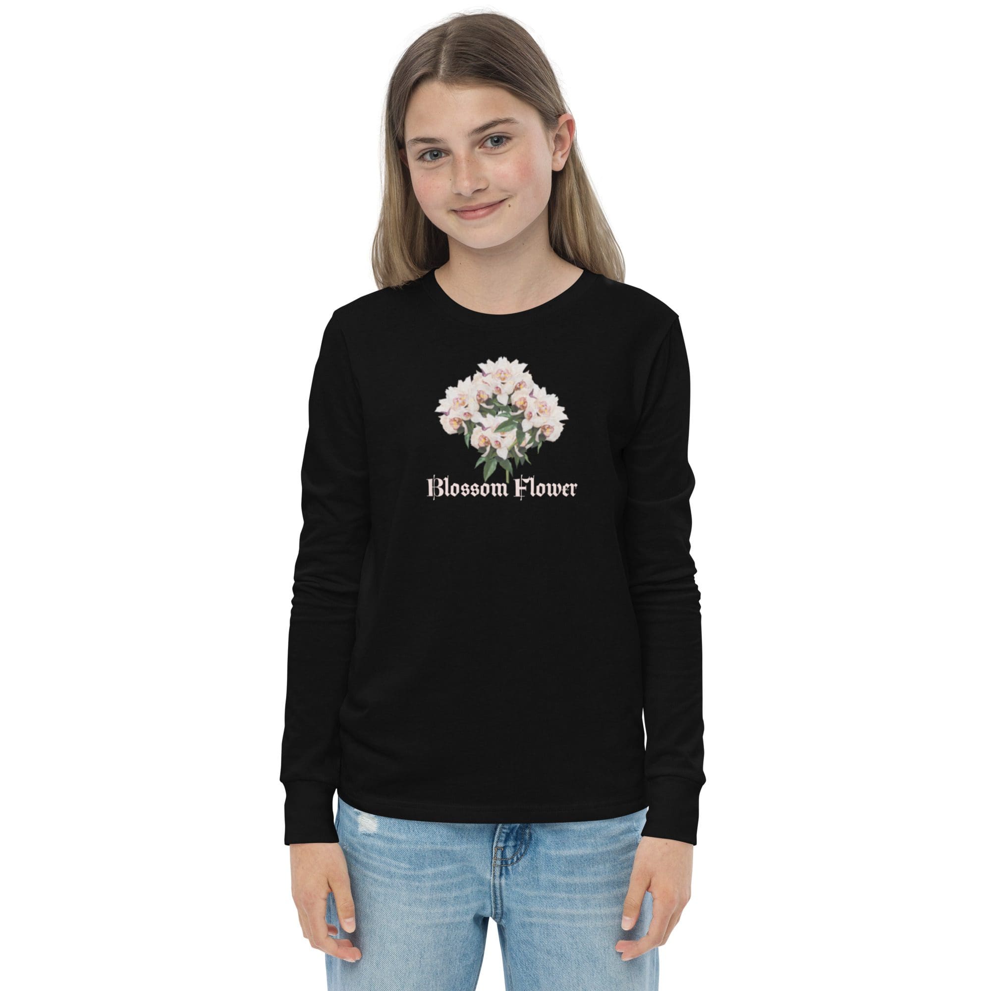 Girl wearing "Blossom Flower" black sweatshirt.