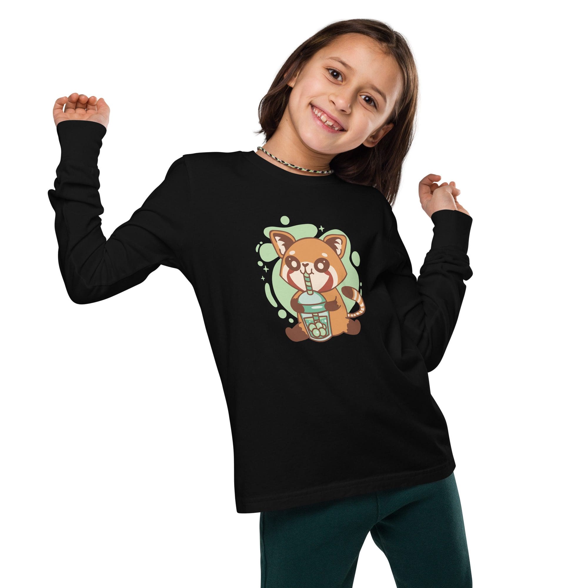 Child wearing a fox-themed black shirt.
