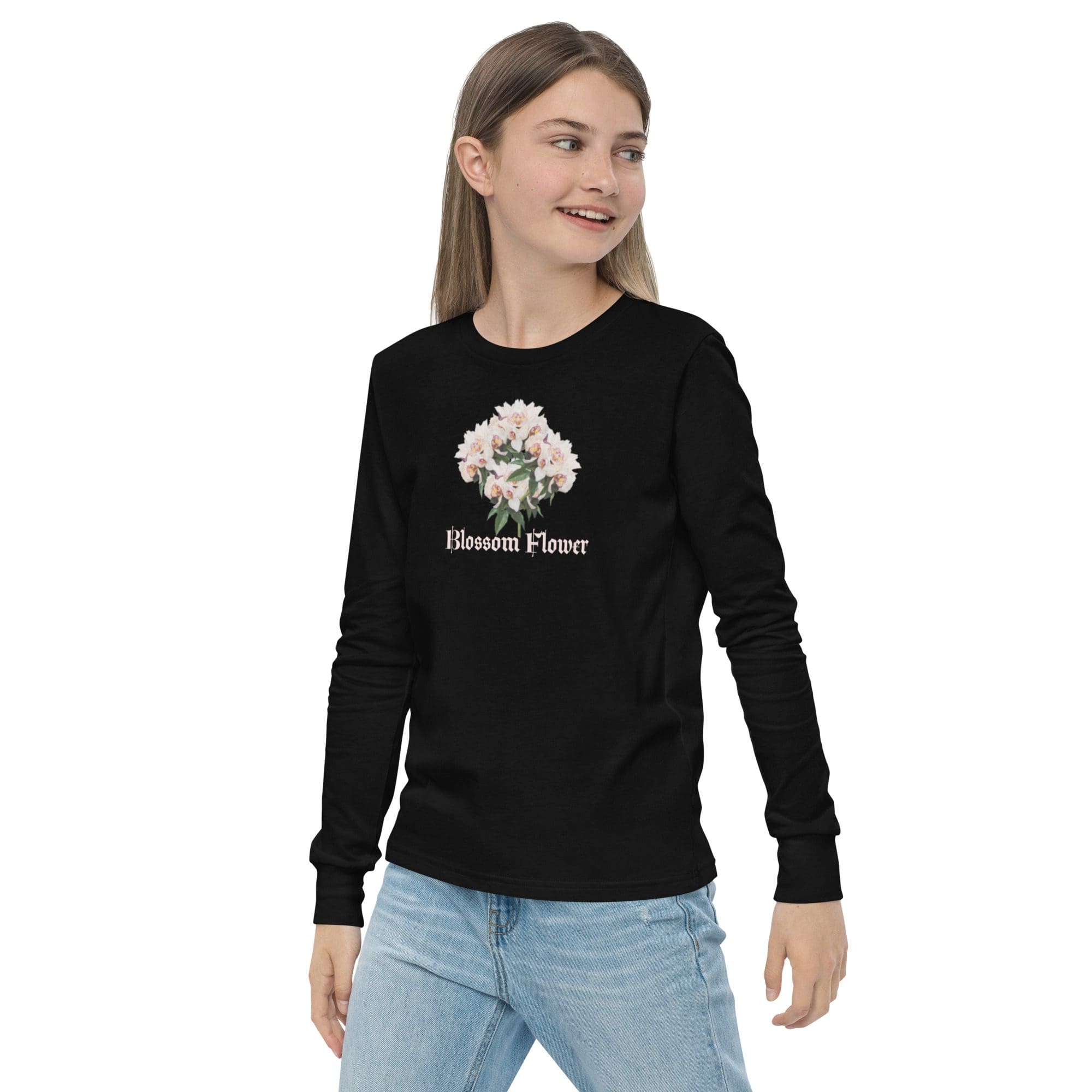 Woman wearing black "Blossom Flower" shirt.
