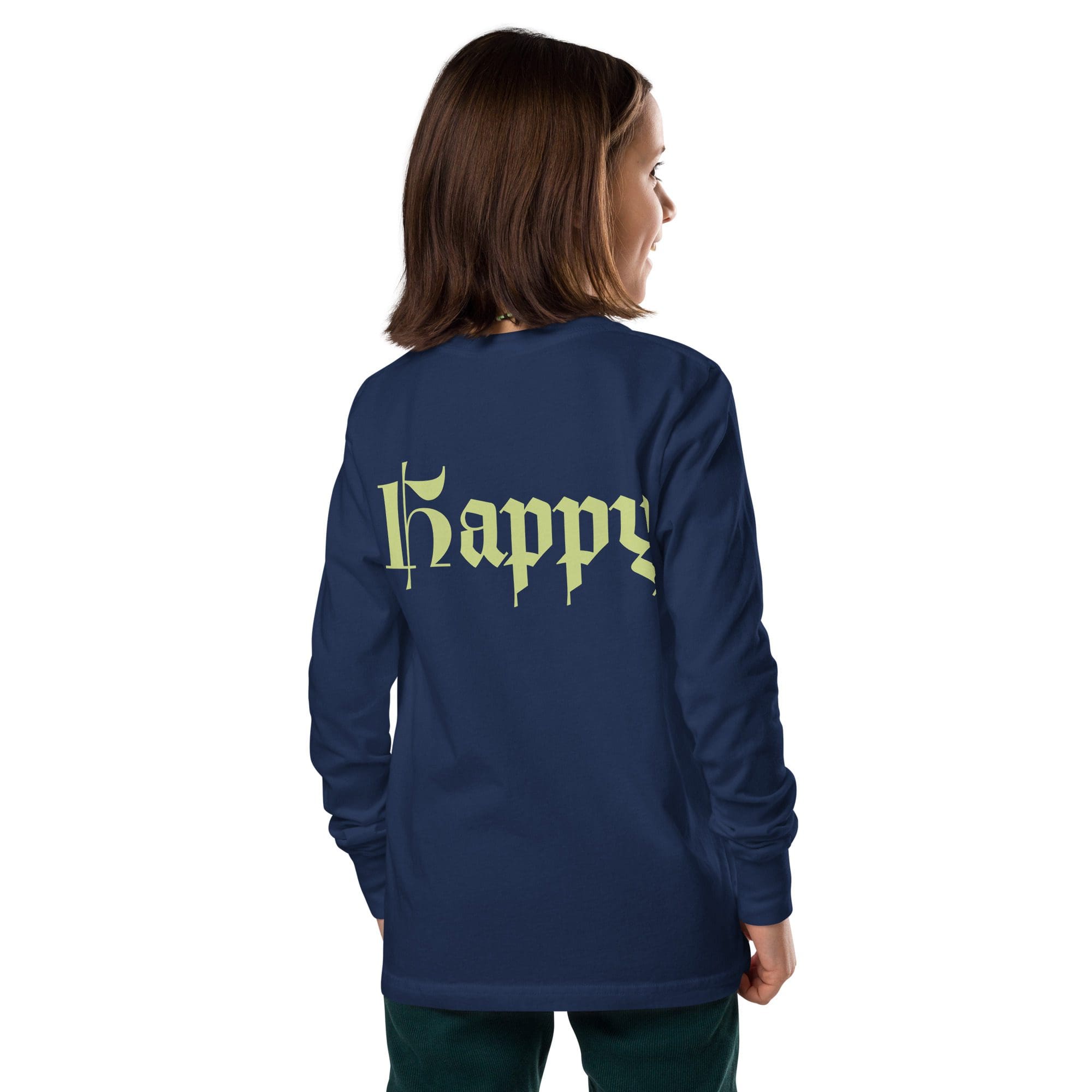 Child wearing "happy" shirt, facing sideways.