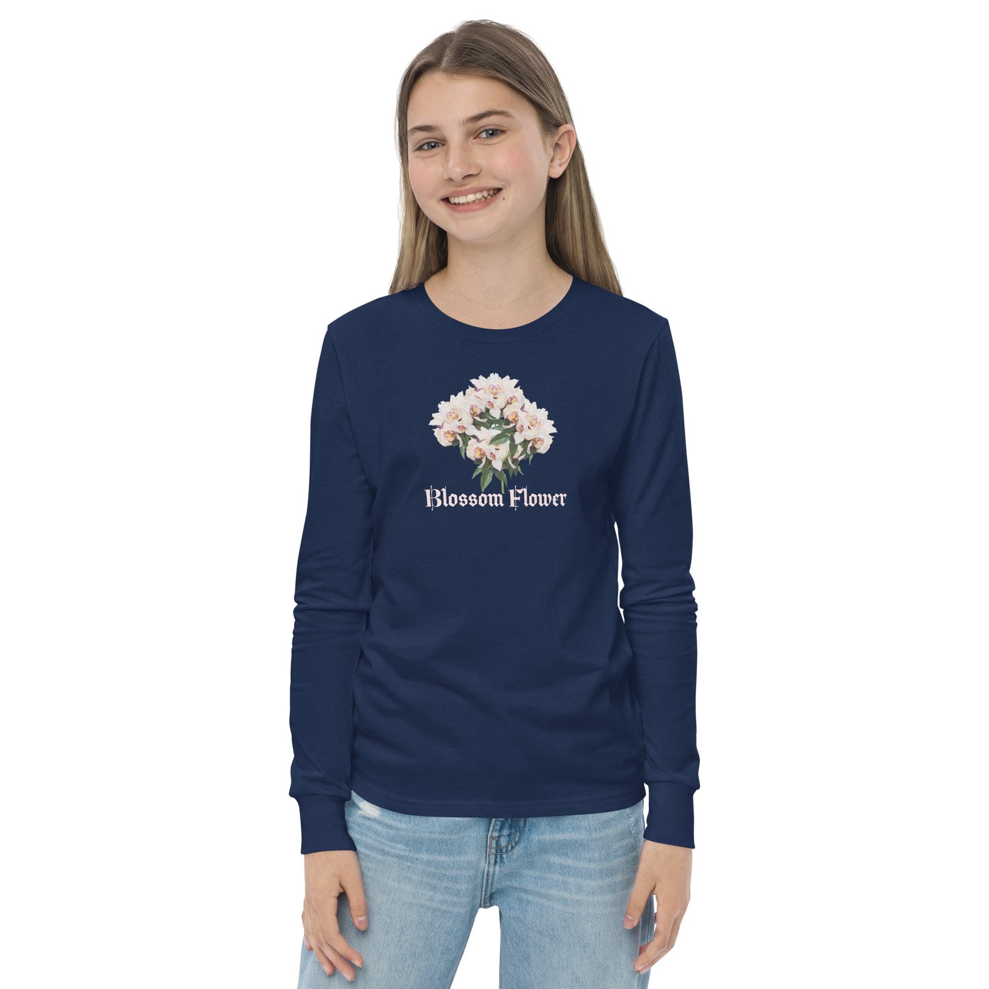 Smiling person in "Blossom Flower" shirt.