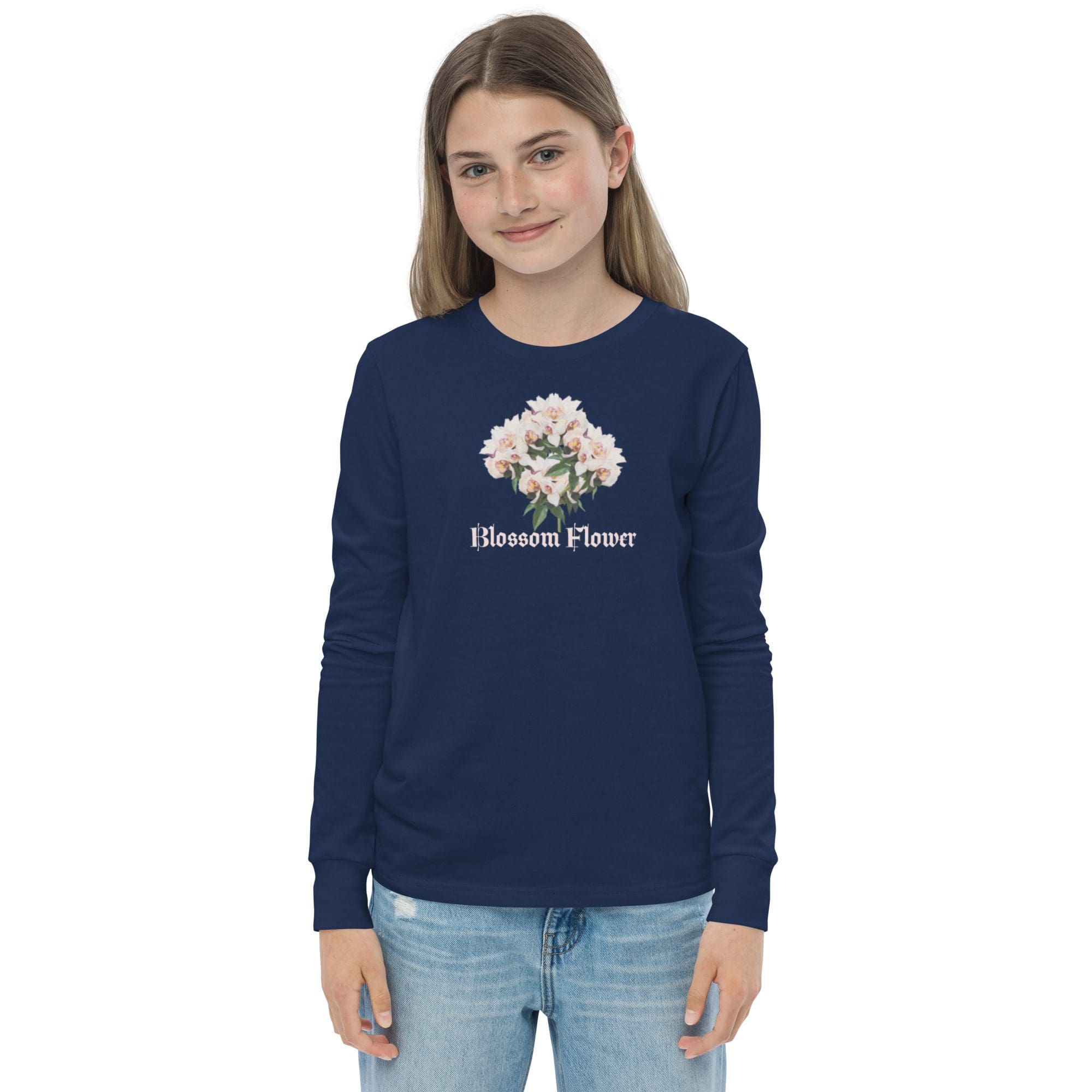 Girl wearing blue "Blossom Flower" sweatshirt.