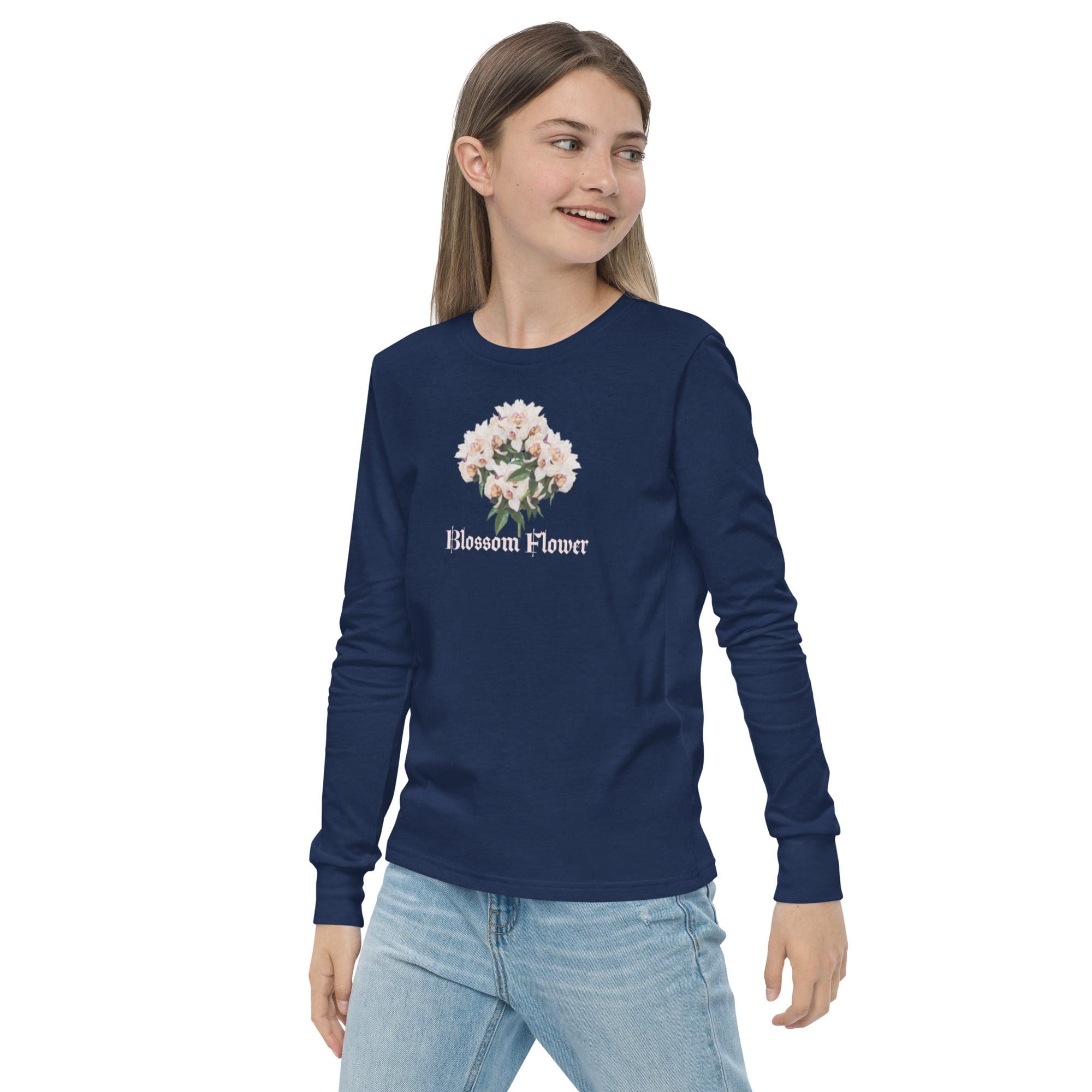 Woman wearing navy floral long-sleeve shirt.