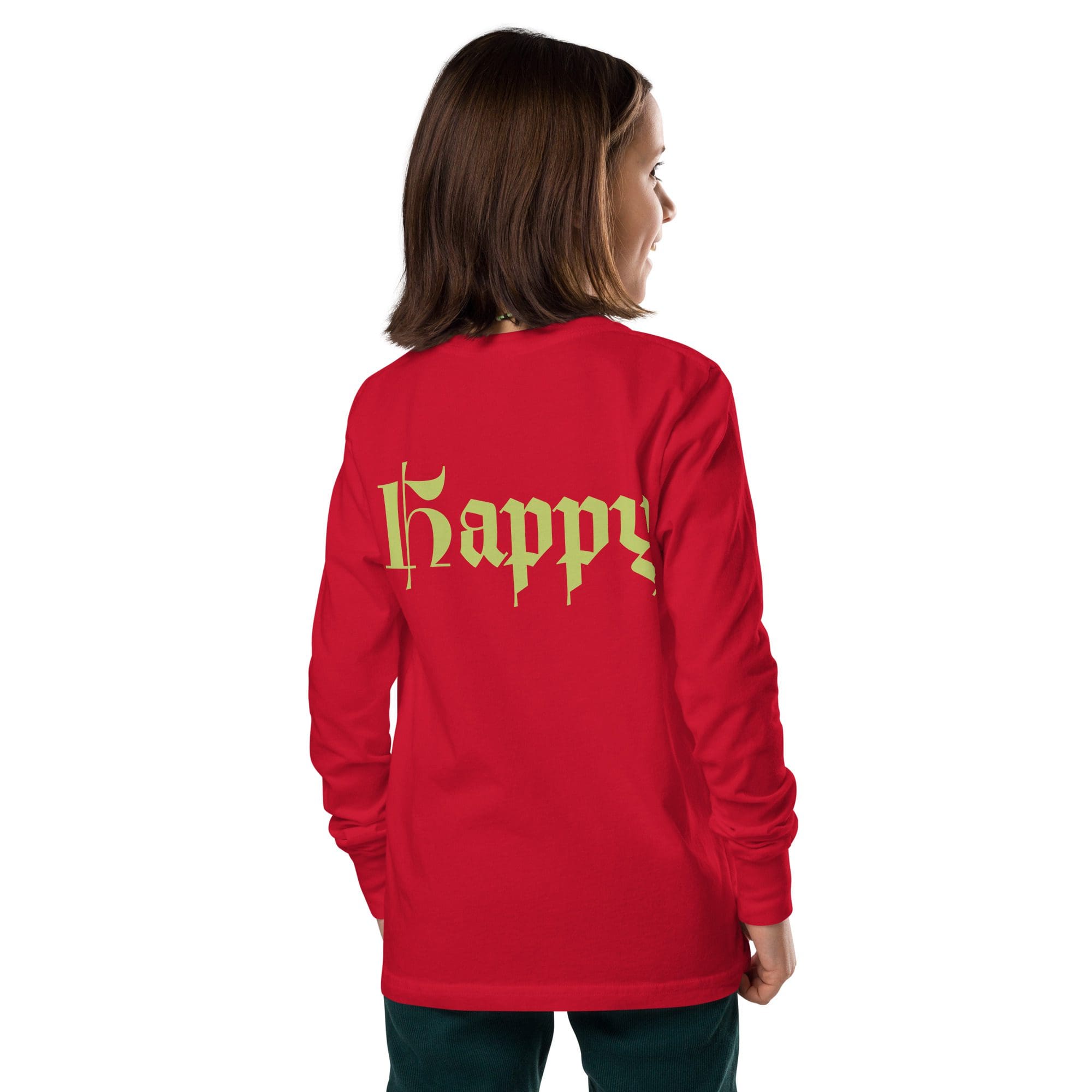 Child wearing red shirt with "Happy" text.