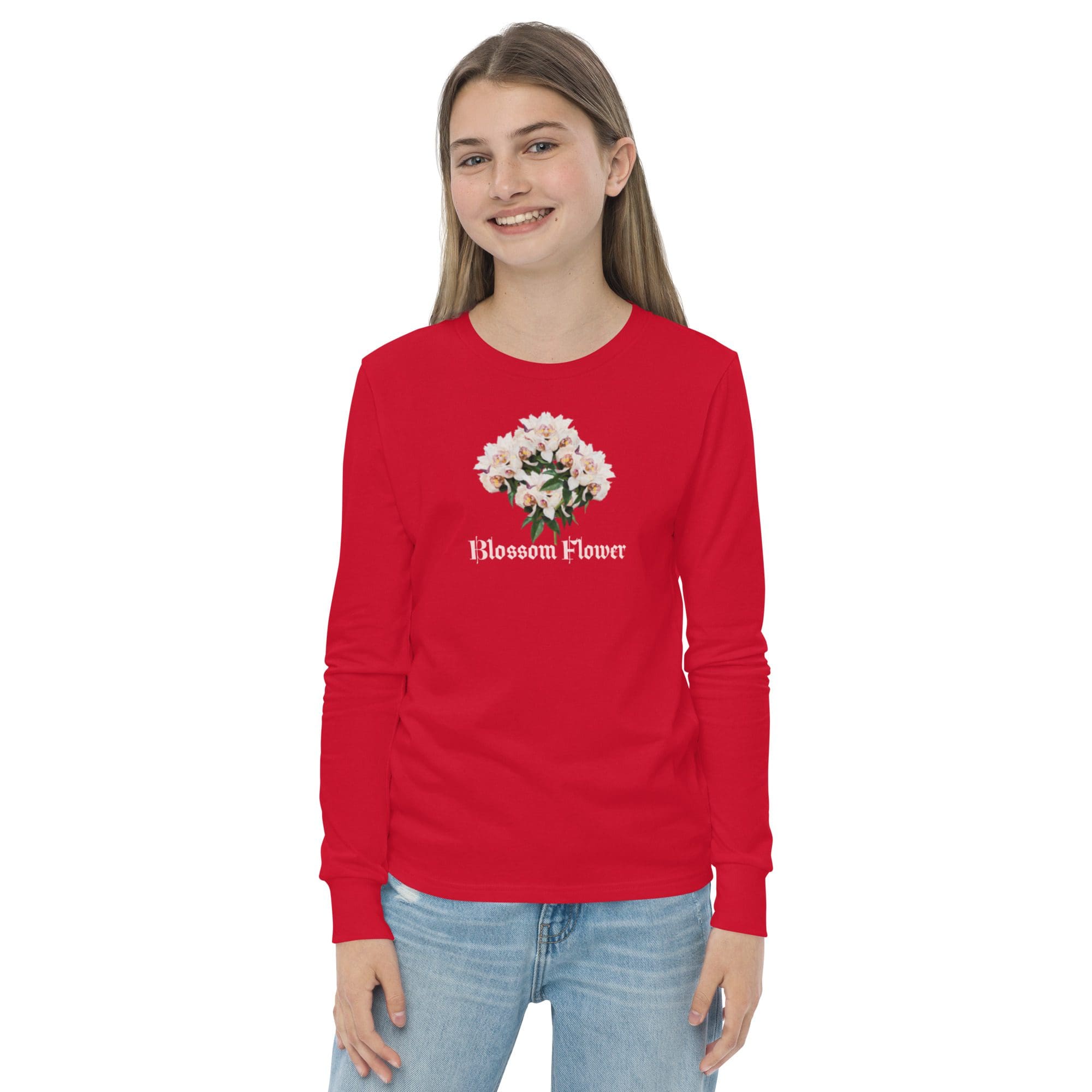 Girl wearing red "Blossom Flower" shirt.
