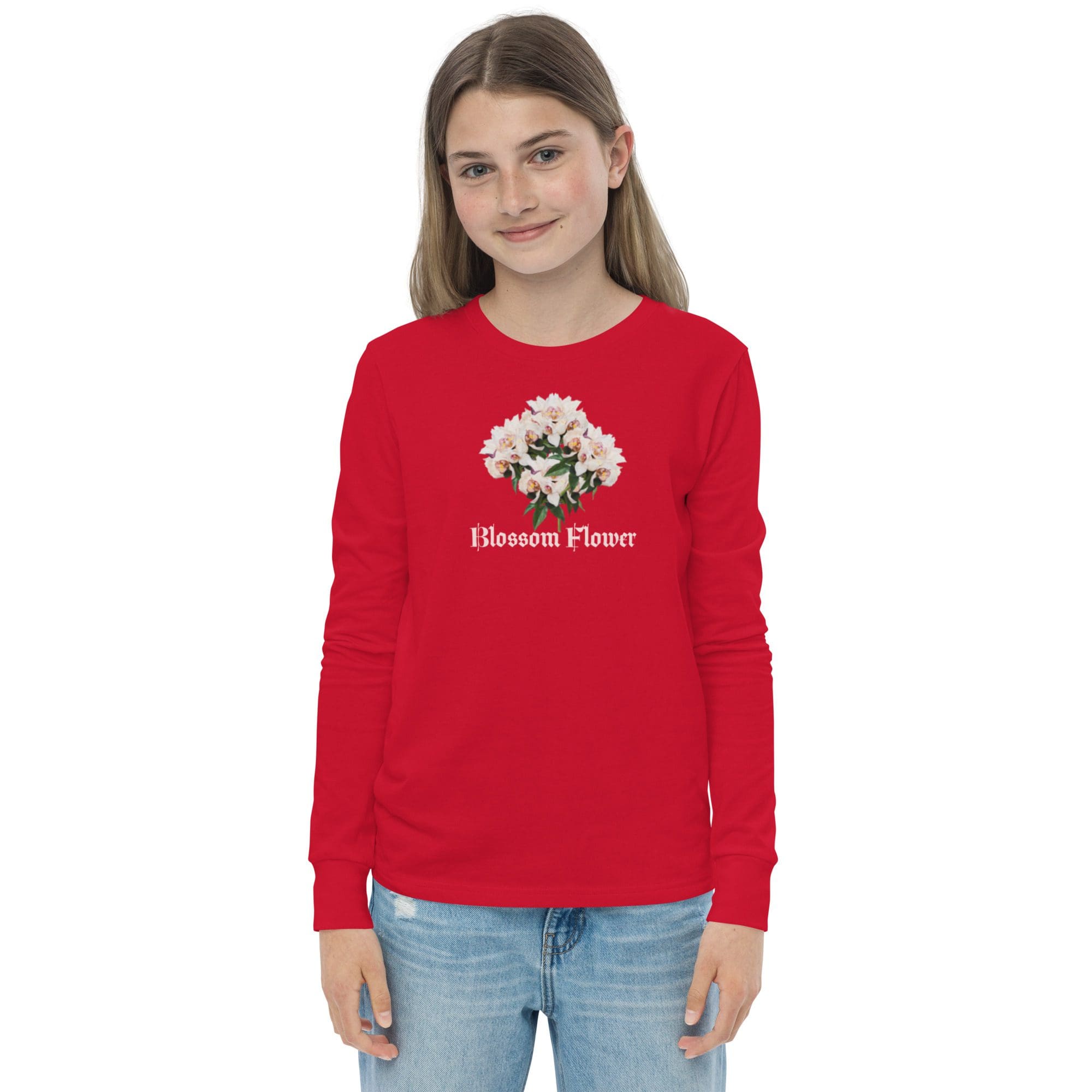 Girl wearing red "Blossom Flower" sweatshirt.