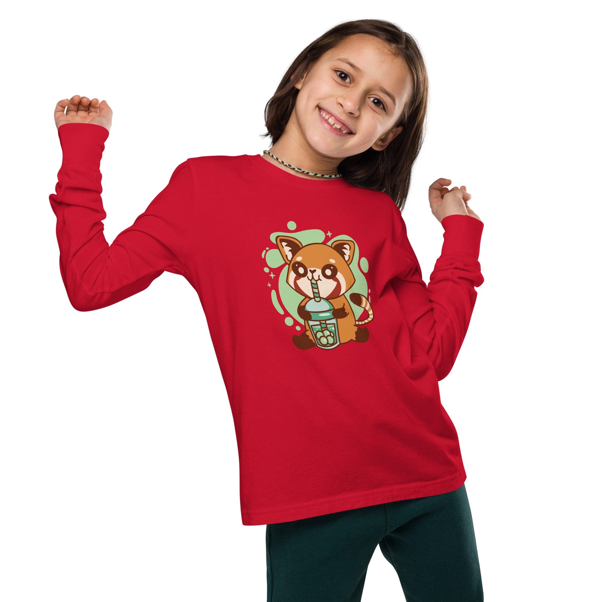 Child in red shirt with cartoon print.