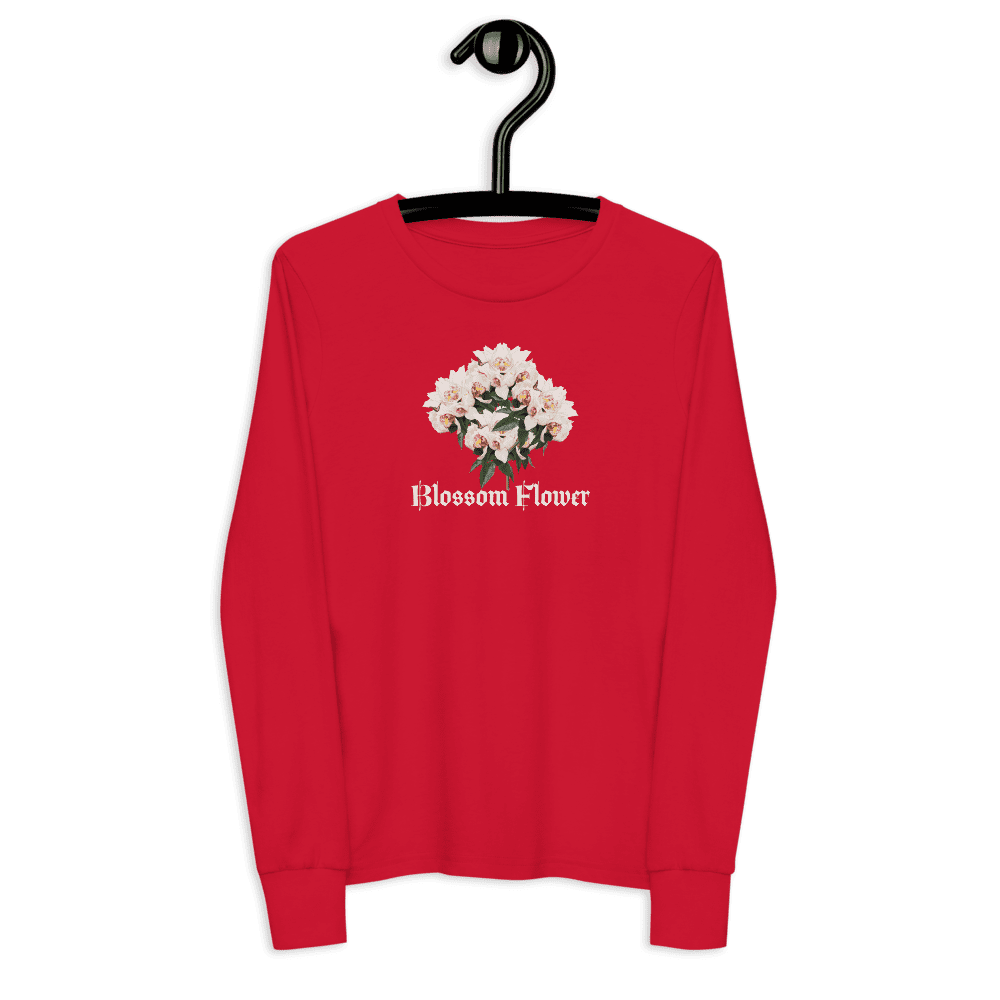 Red sweatshirt with "Blossom Flower" design.