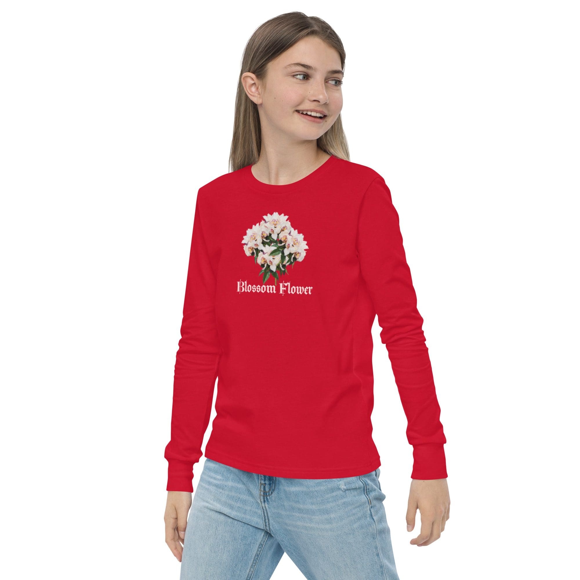 Young woman in red floral sweater.