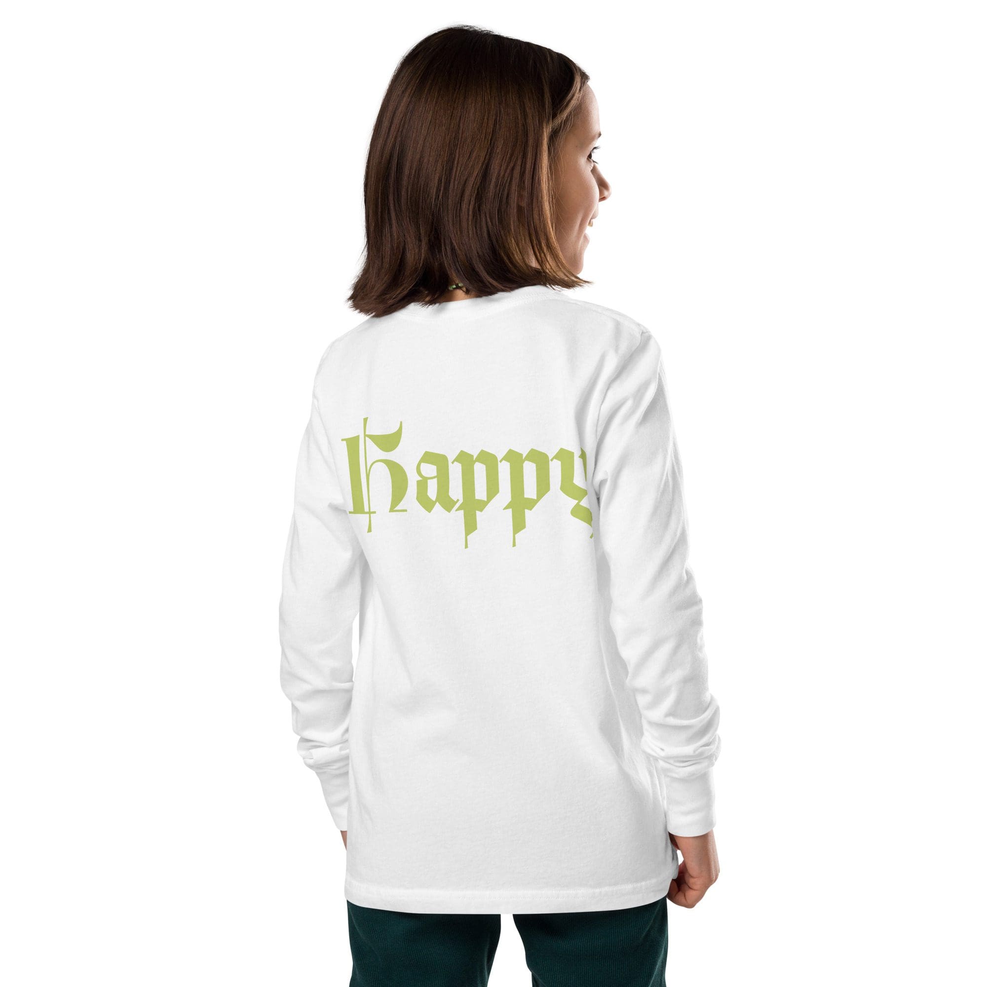 Child in white shirt with "Happy" text.