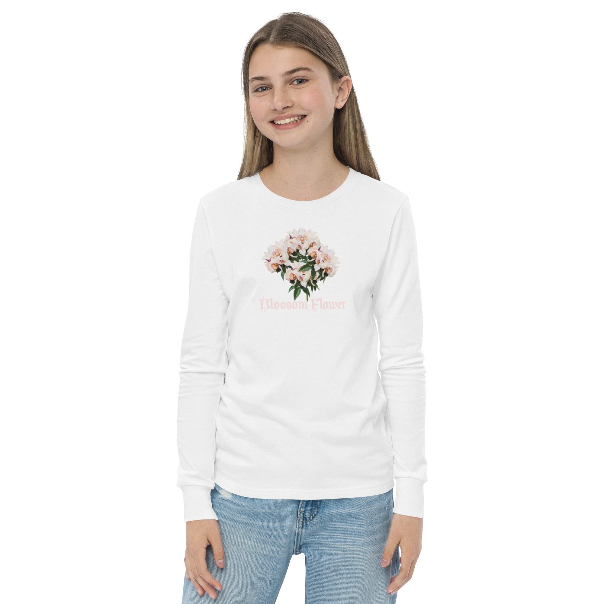 Girl wearing floral graphic white shirt.