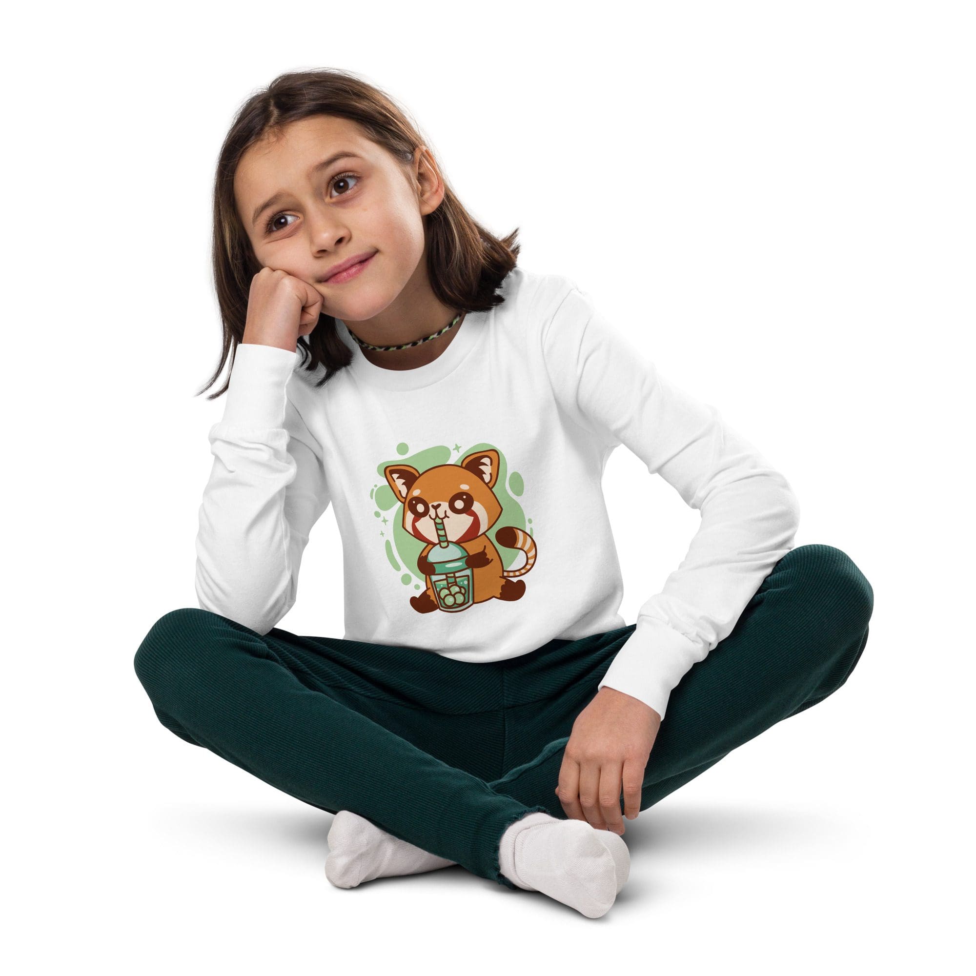Girl in white shirt sitting cross-legged.