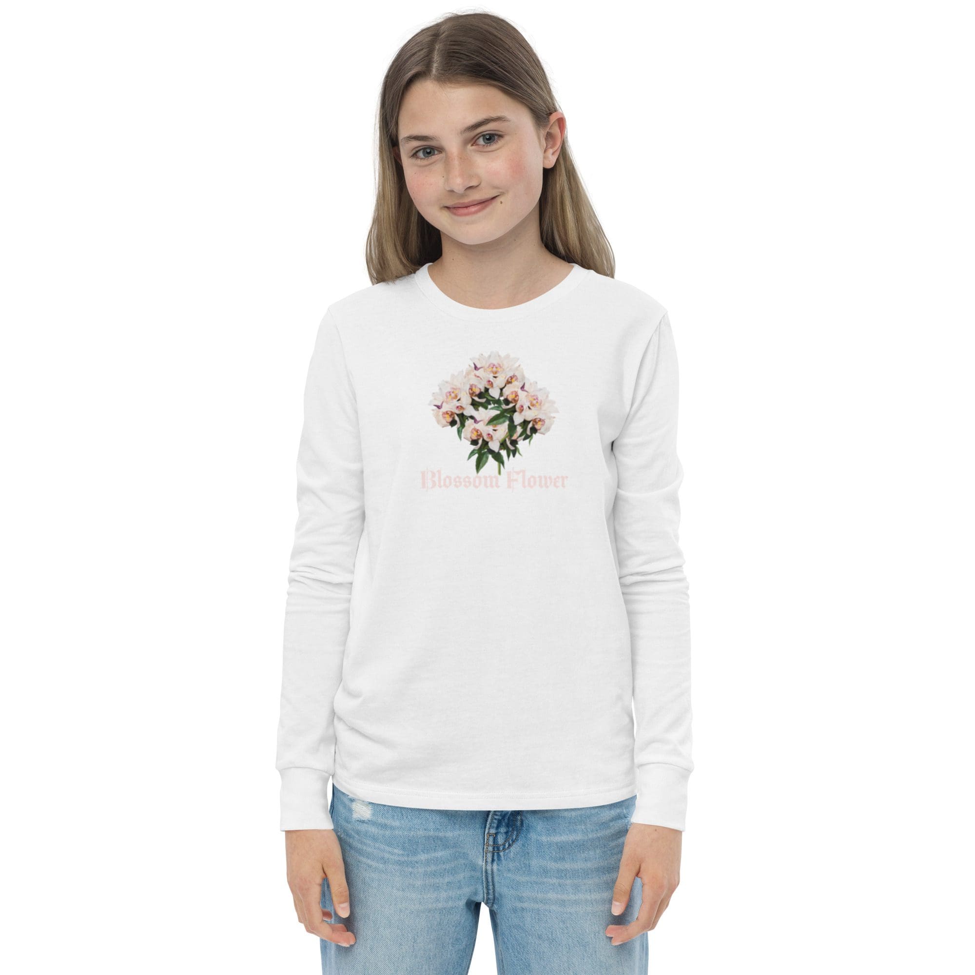 Girl wearing white floral print shirt.