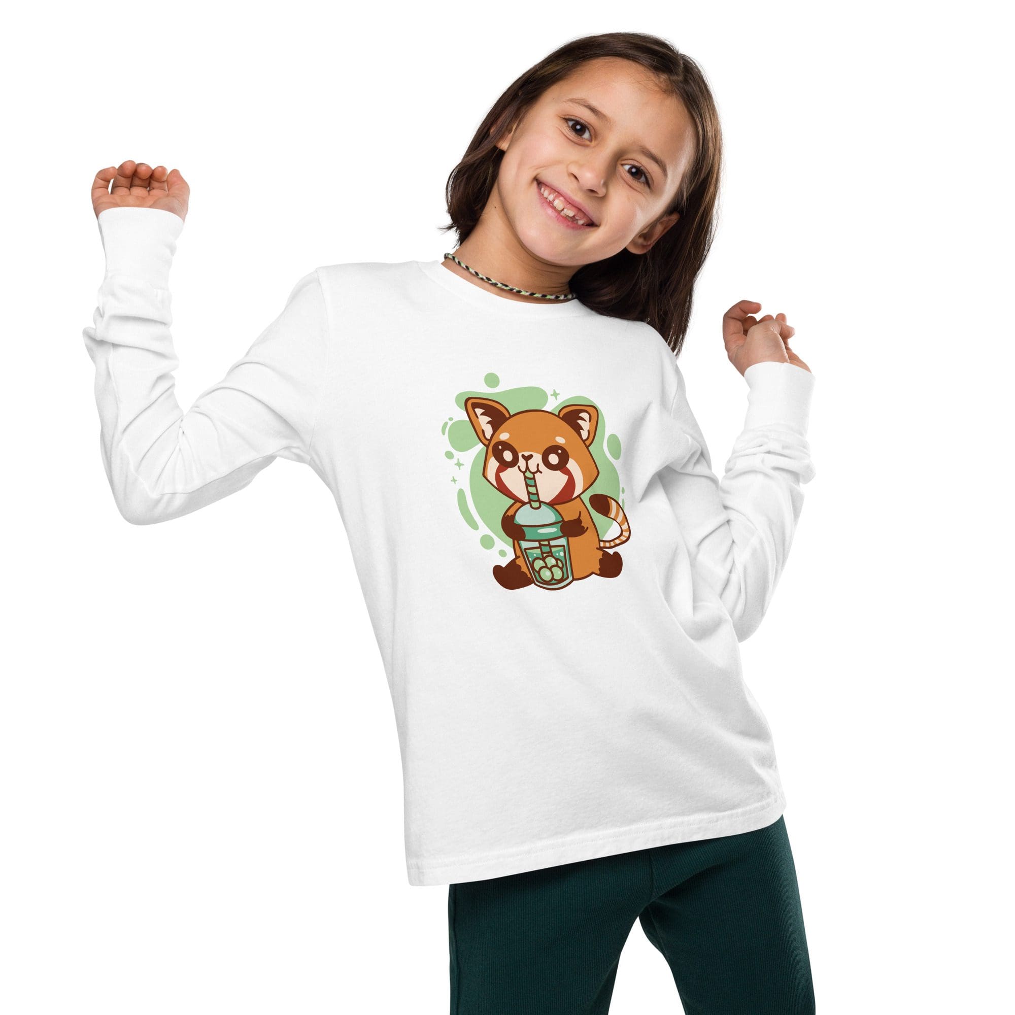 Smiling child in fox shirt posing playfully.