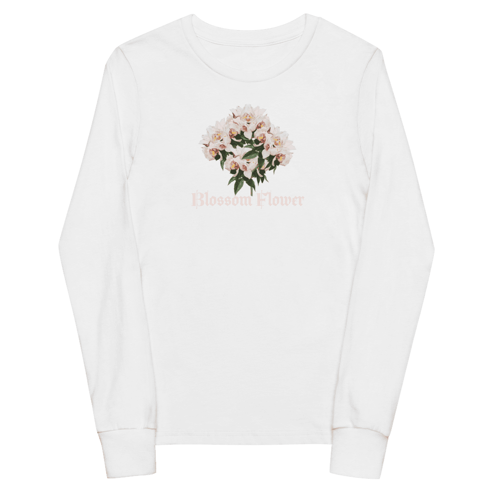 White shirt with floral design and text.