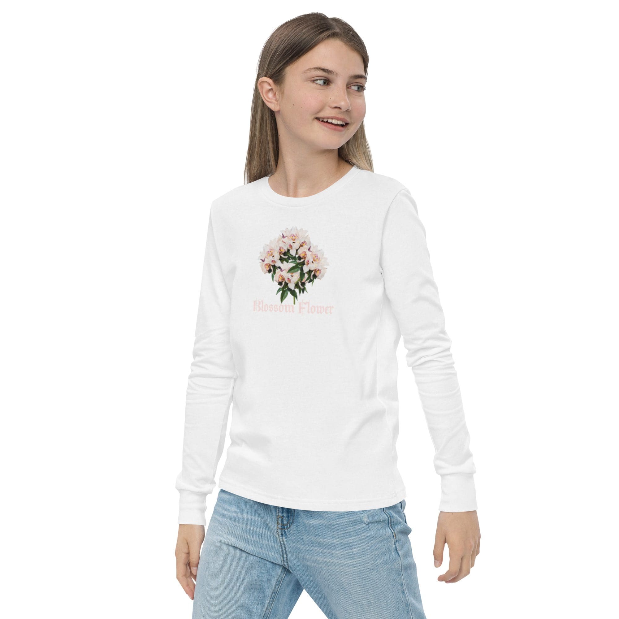 Woman wearing white floral long-sleeve shirt.