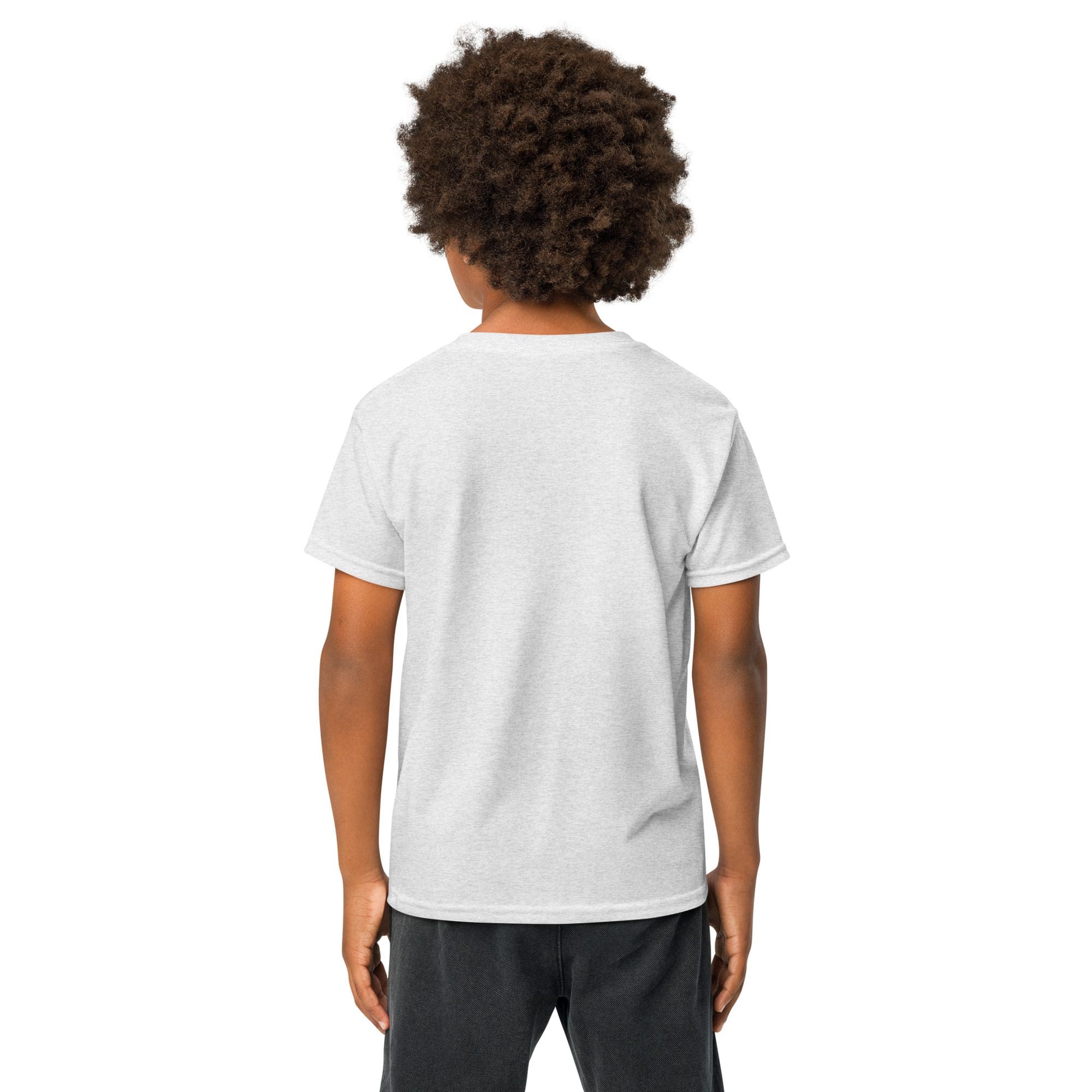 Child wearing plain white t-shirt, back view.