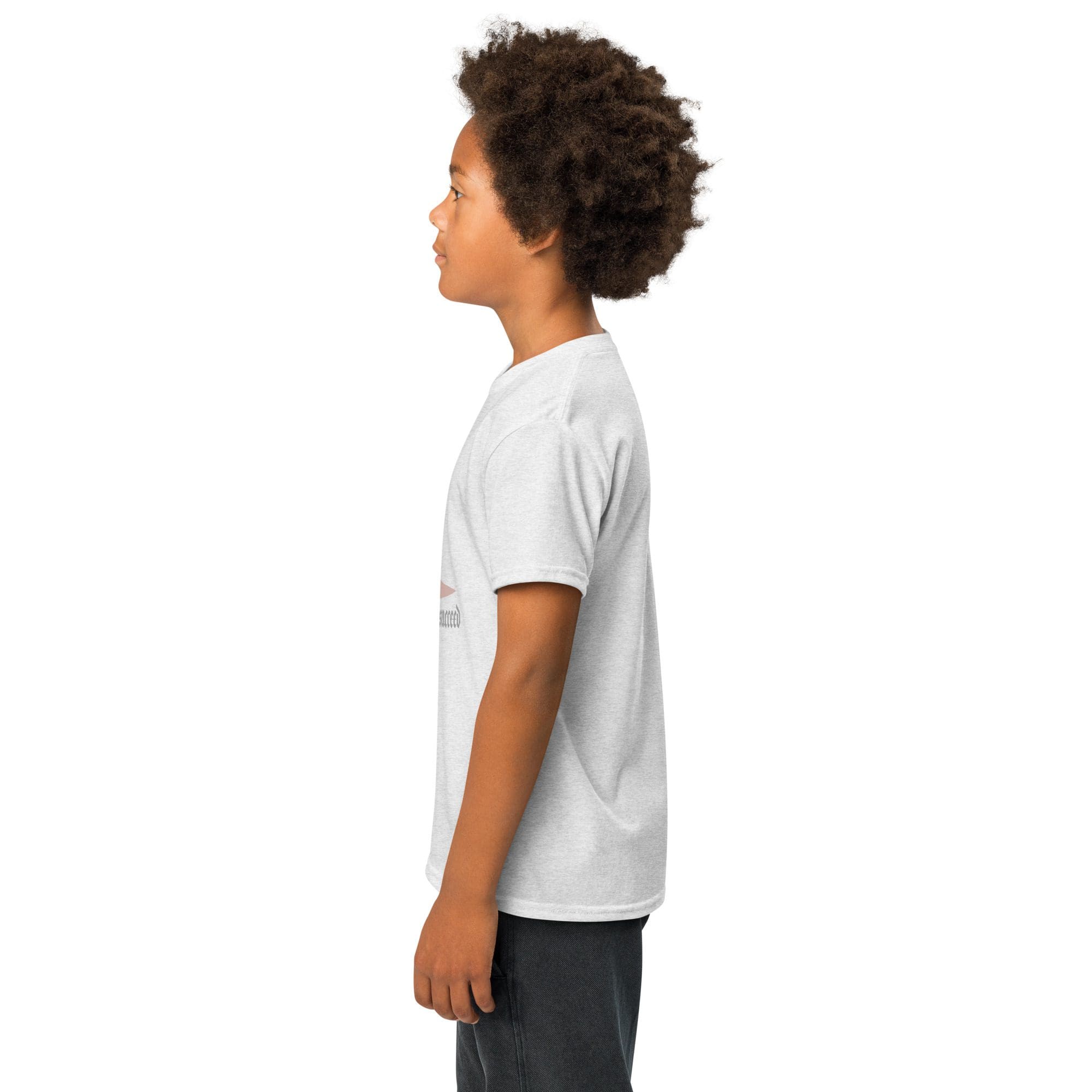 Child in white shirt standing sideways.
