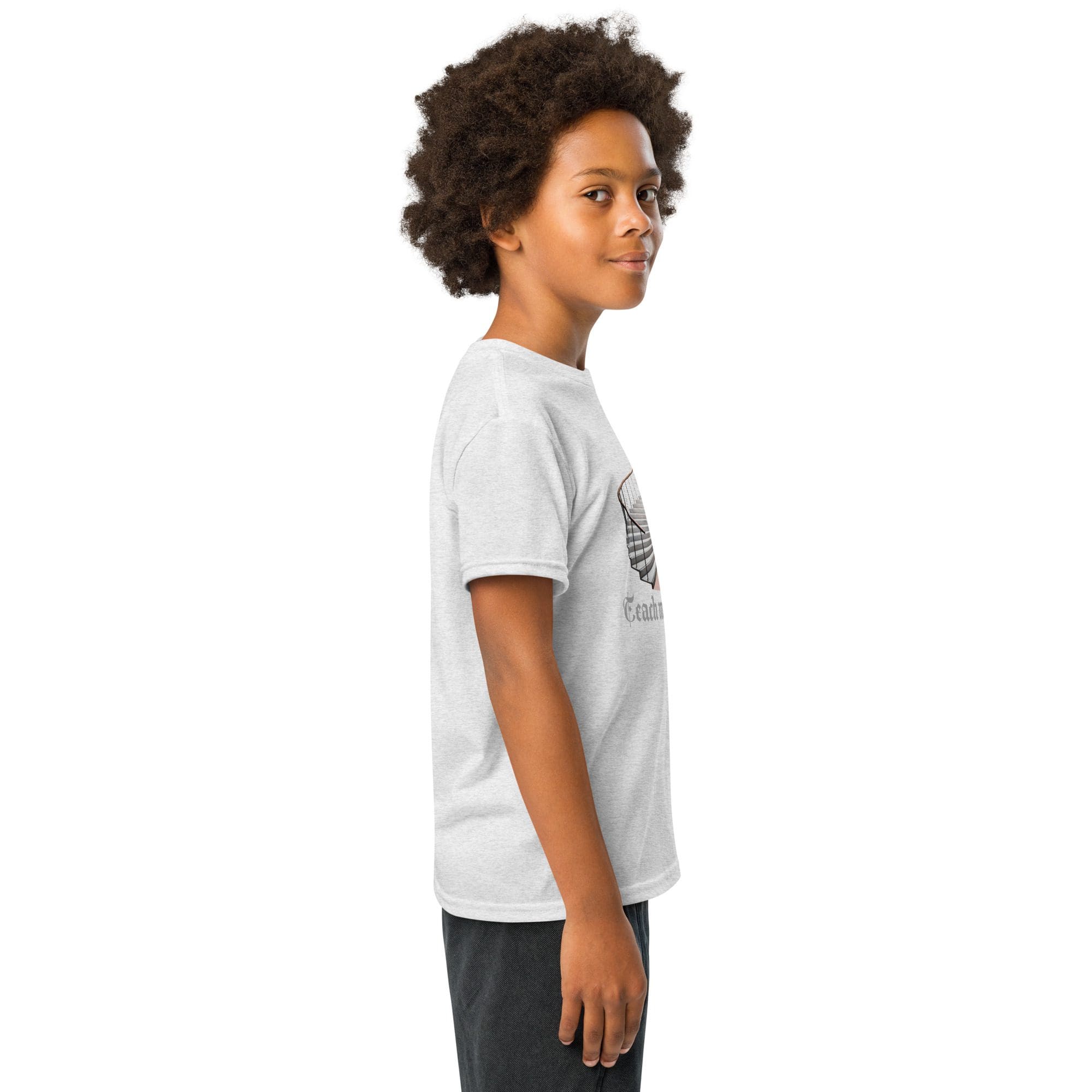 Young person in a gray T-shirt.
