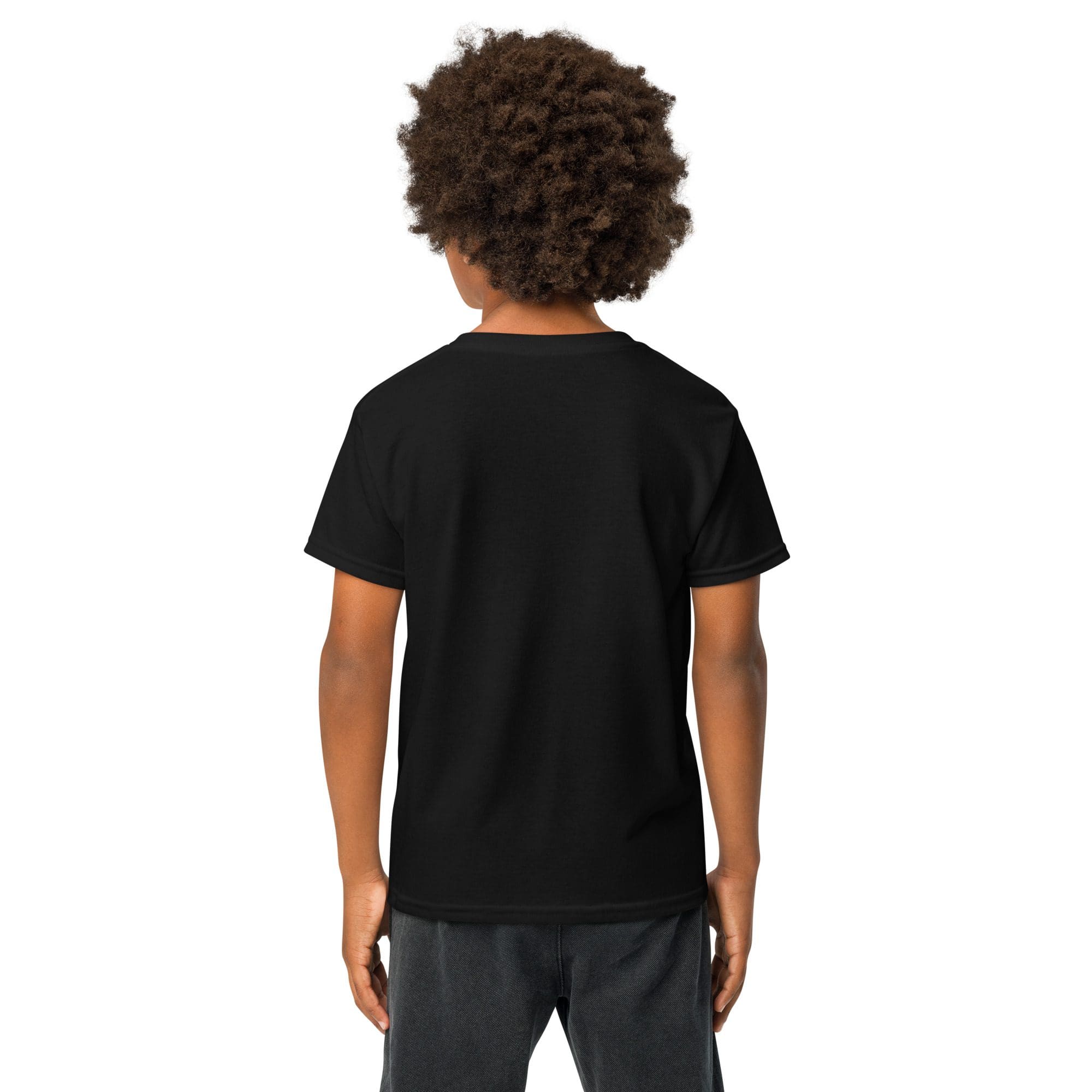 Child wearing black t-shirt, facing away.