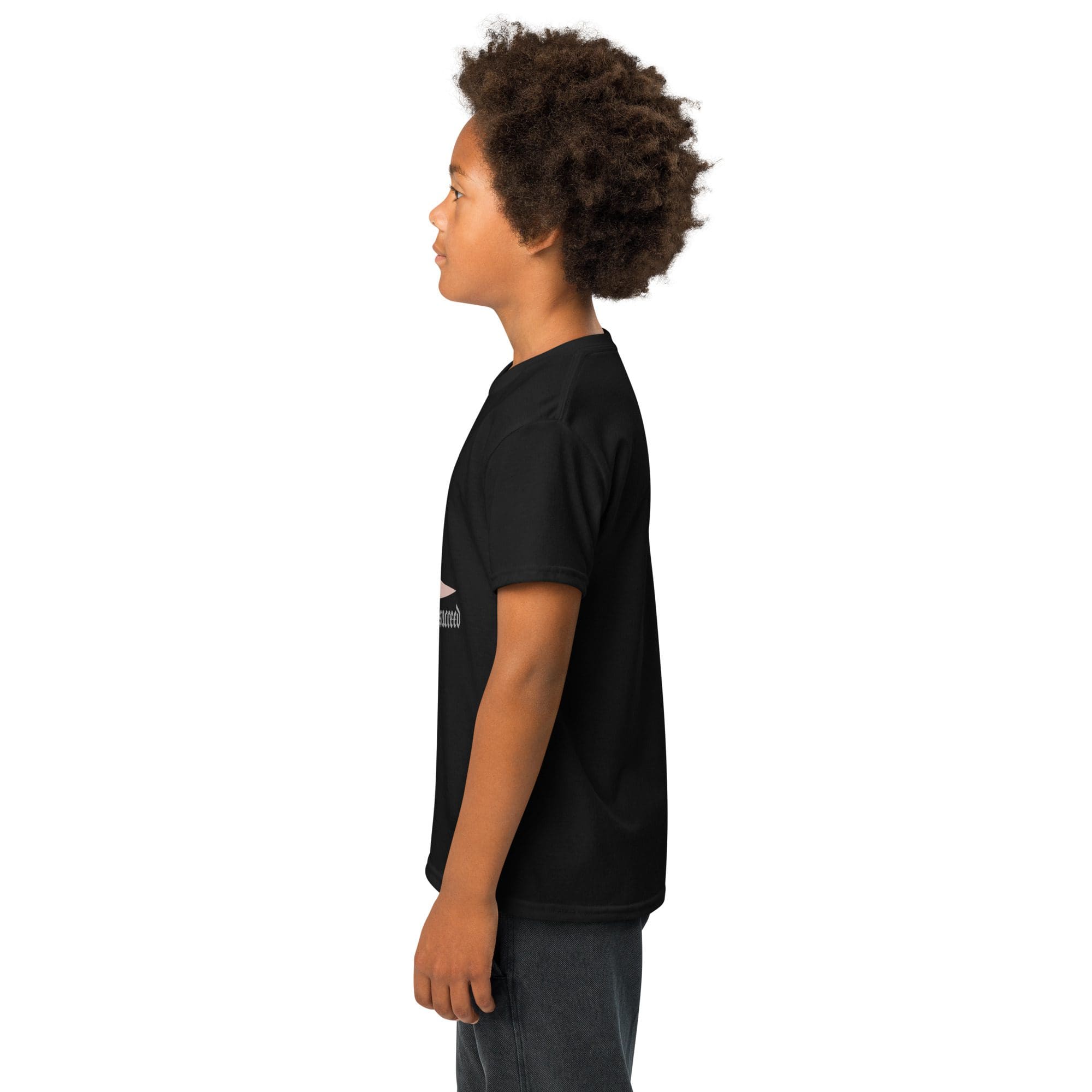 Child in black shirt, side profile view.