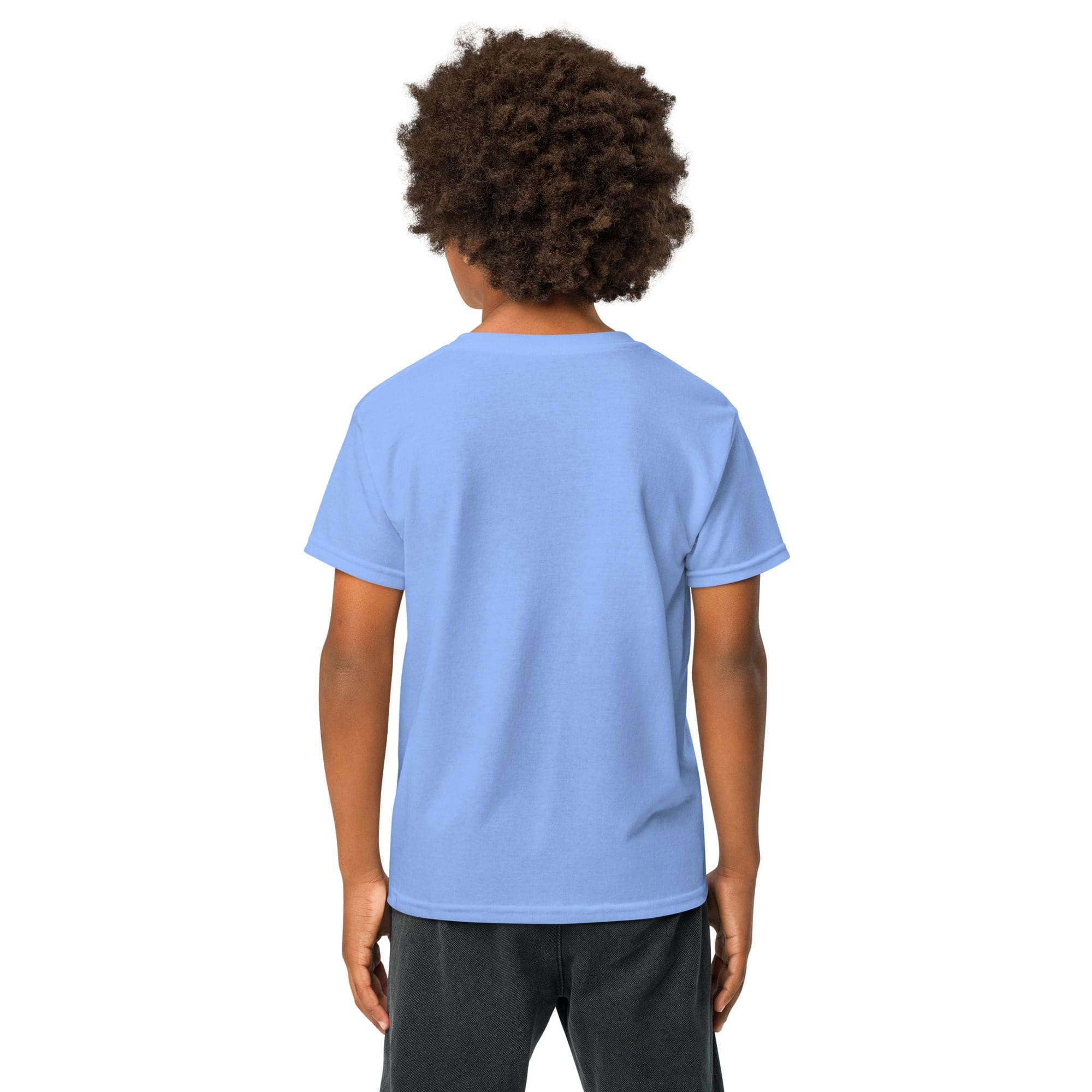 Child in blue shirt facing away, outdoors.