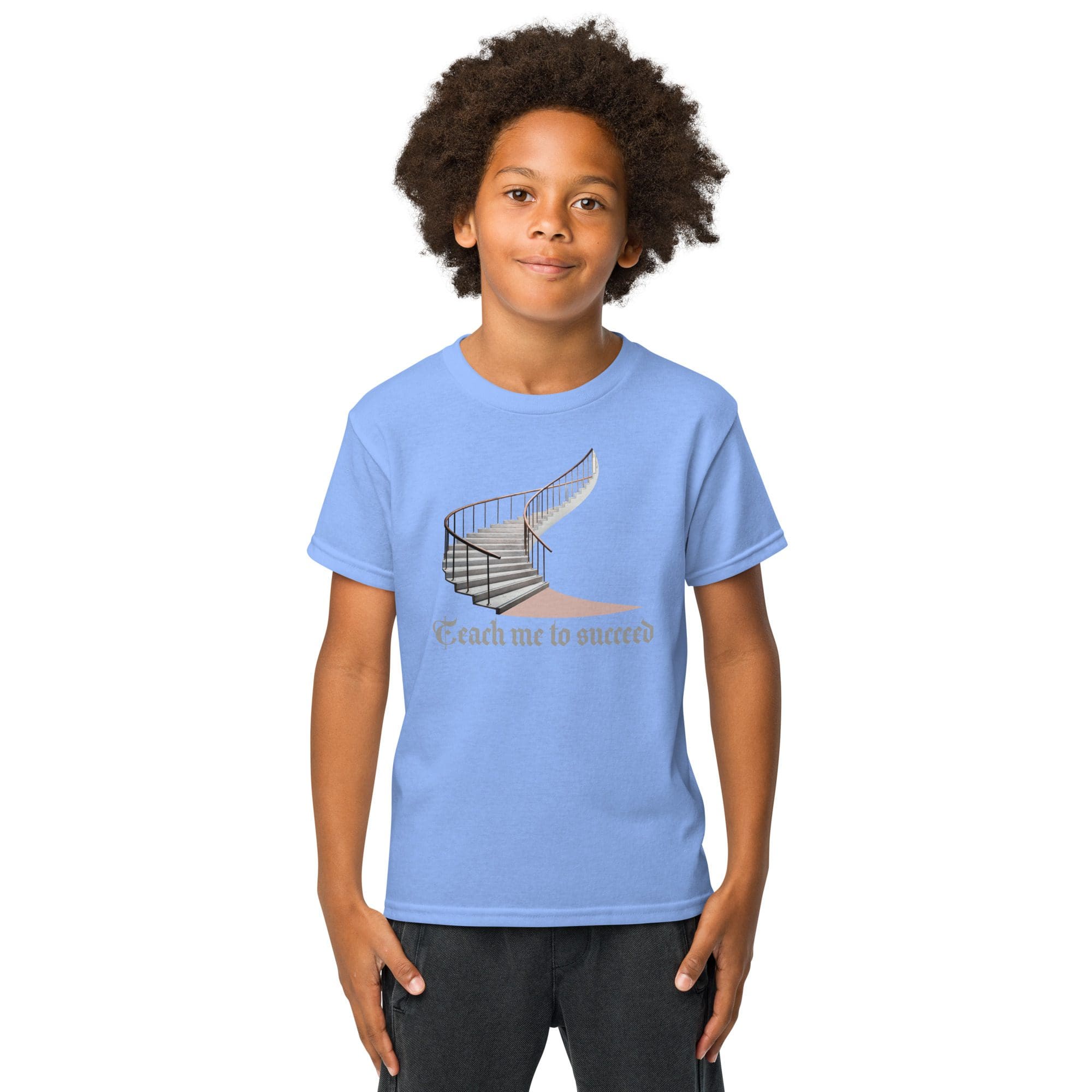 Boy wearing blue shirt with staircase design.