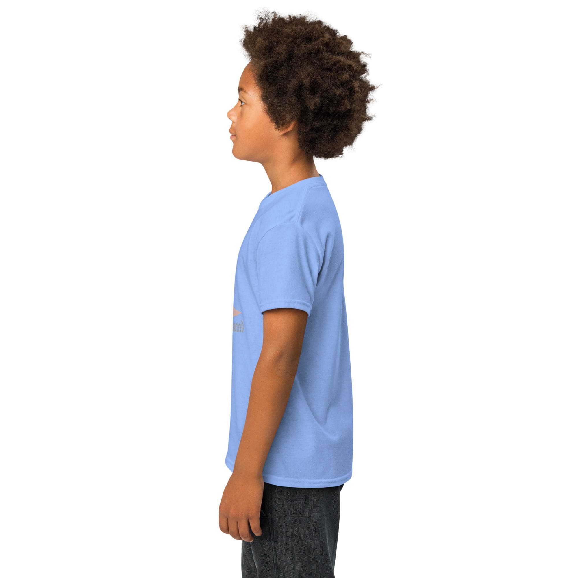 Child wearing blue t-shirt, facing sideways.