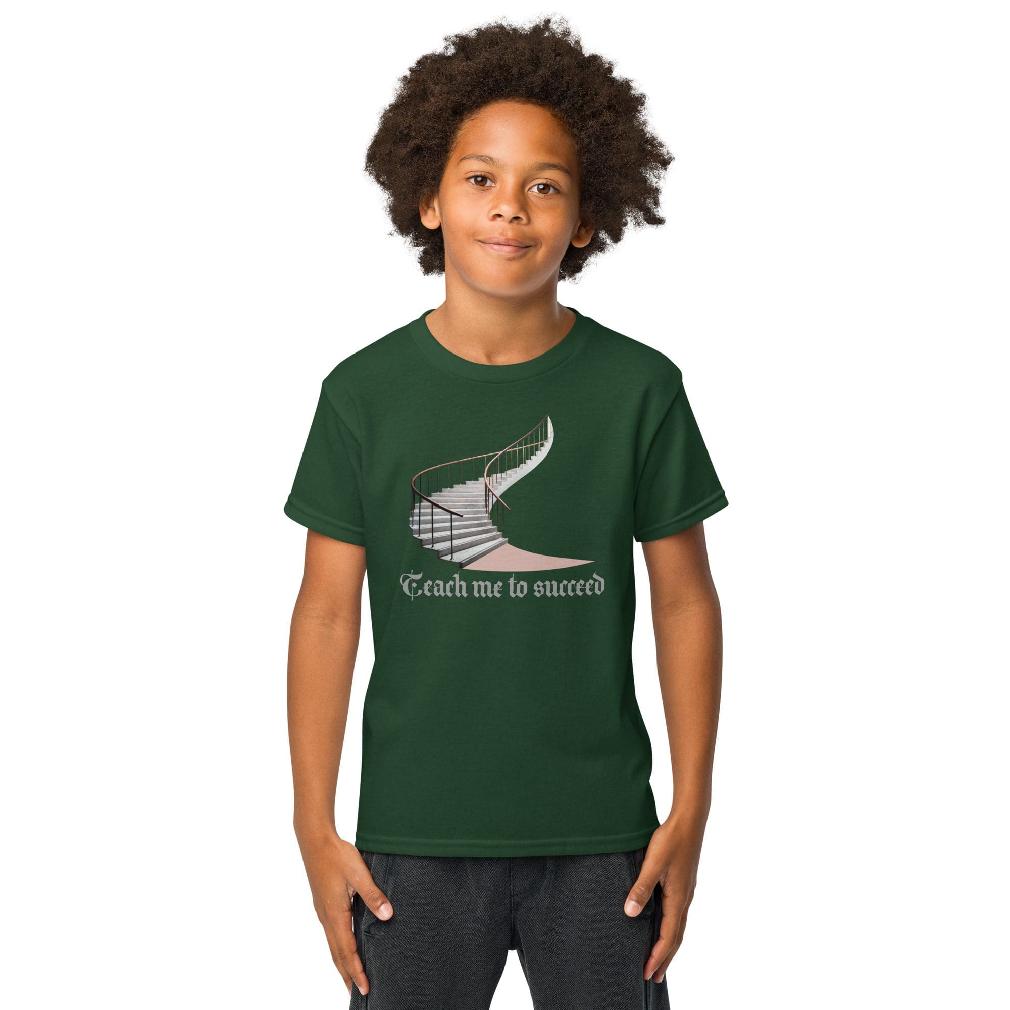 Boy wearing green T-shirt with design.