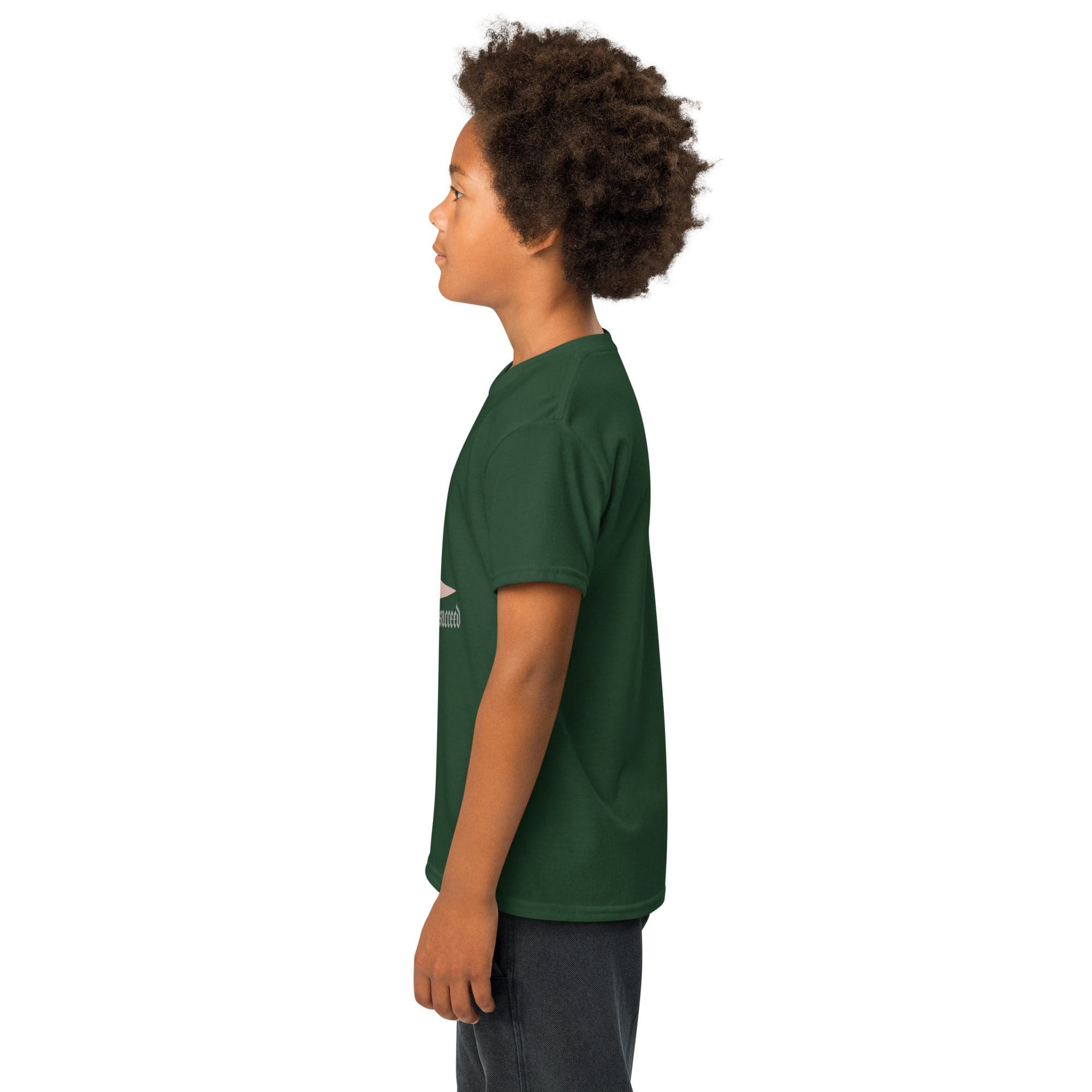 Child wearing green shirt, side profile.