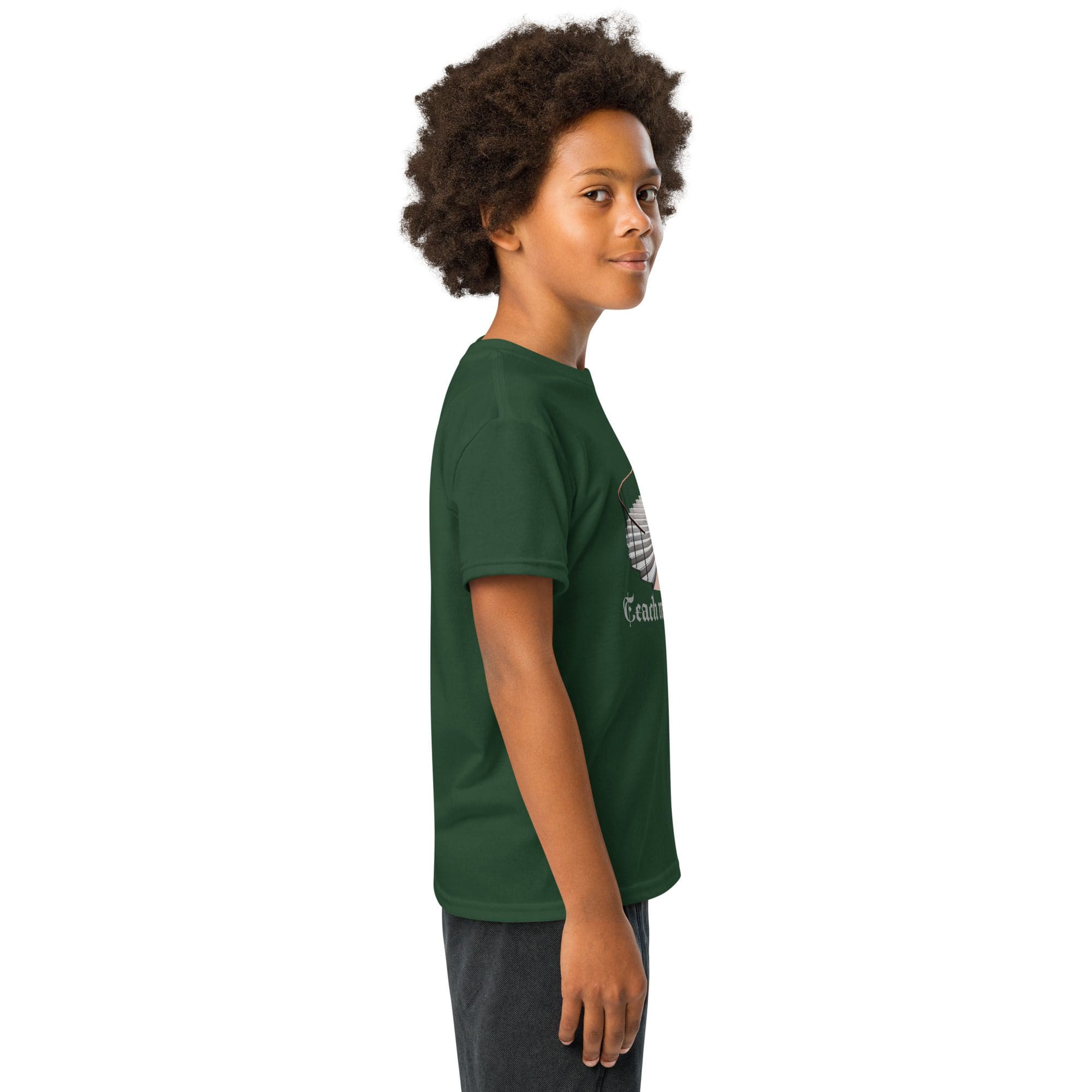 Child wearing green T-shirt, side view.