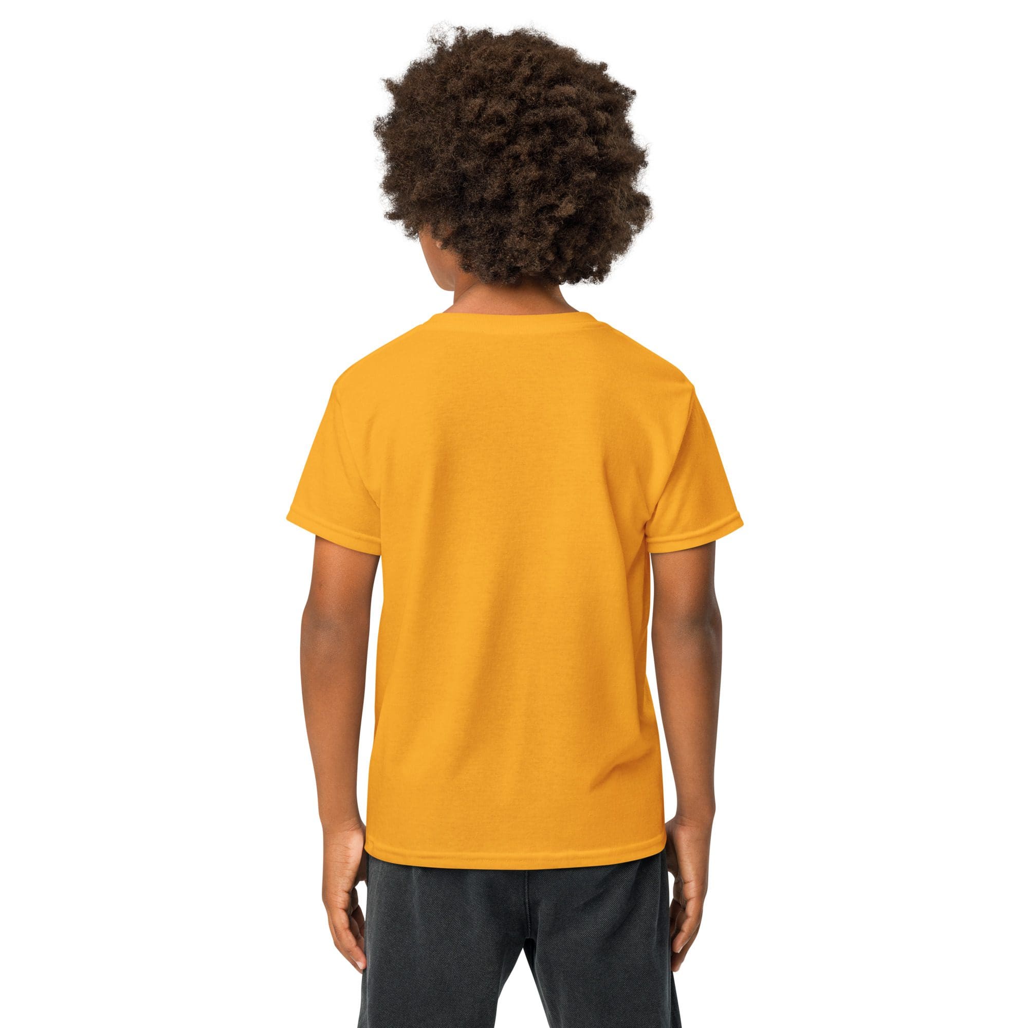 Child in yellow t-shirt facing away.