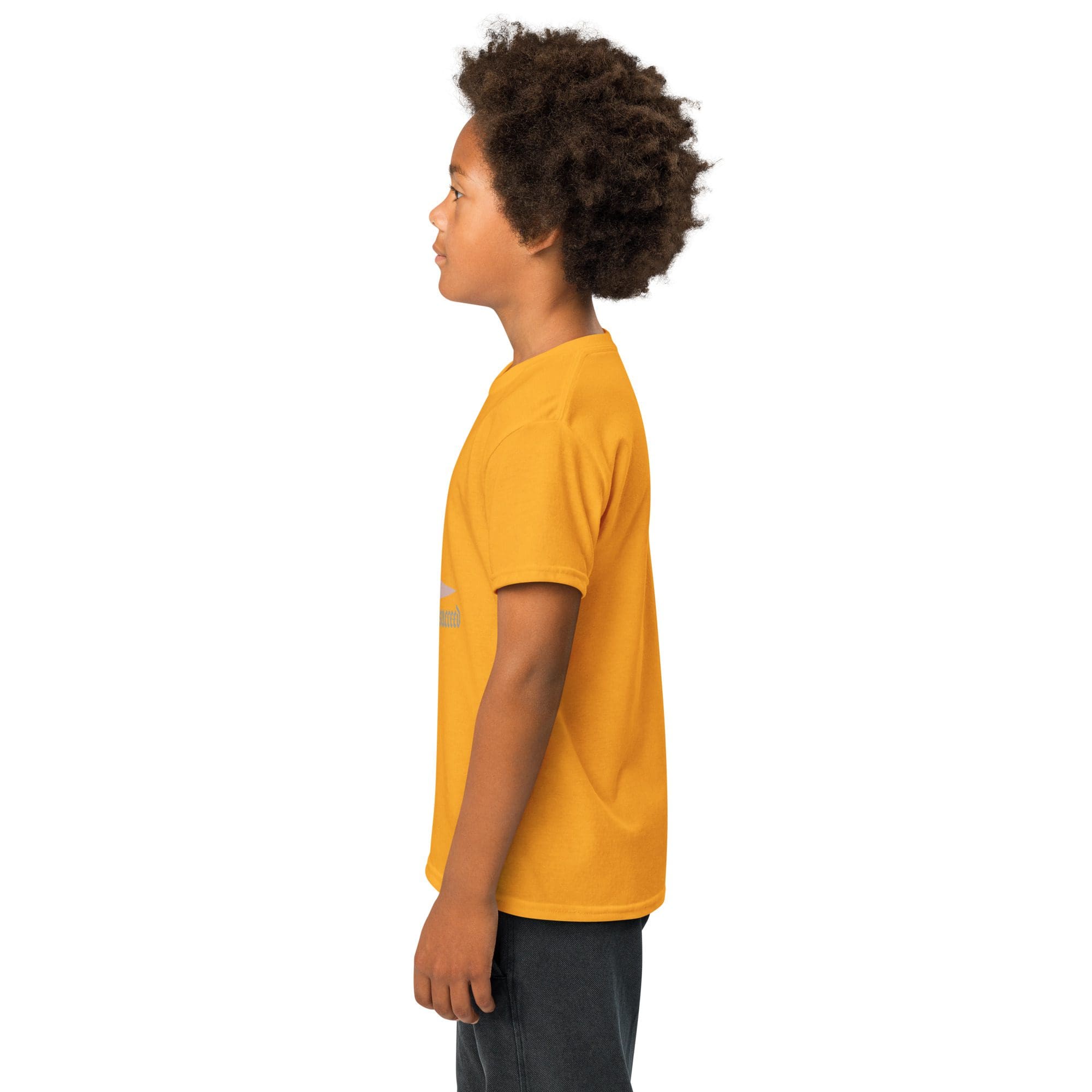 Child in yellow shirt standing sideways.