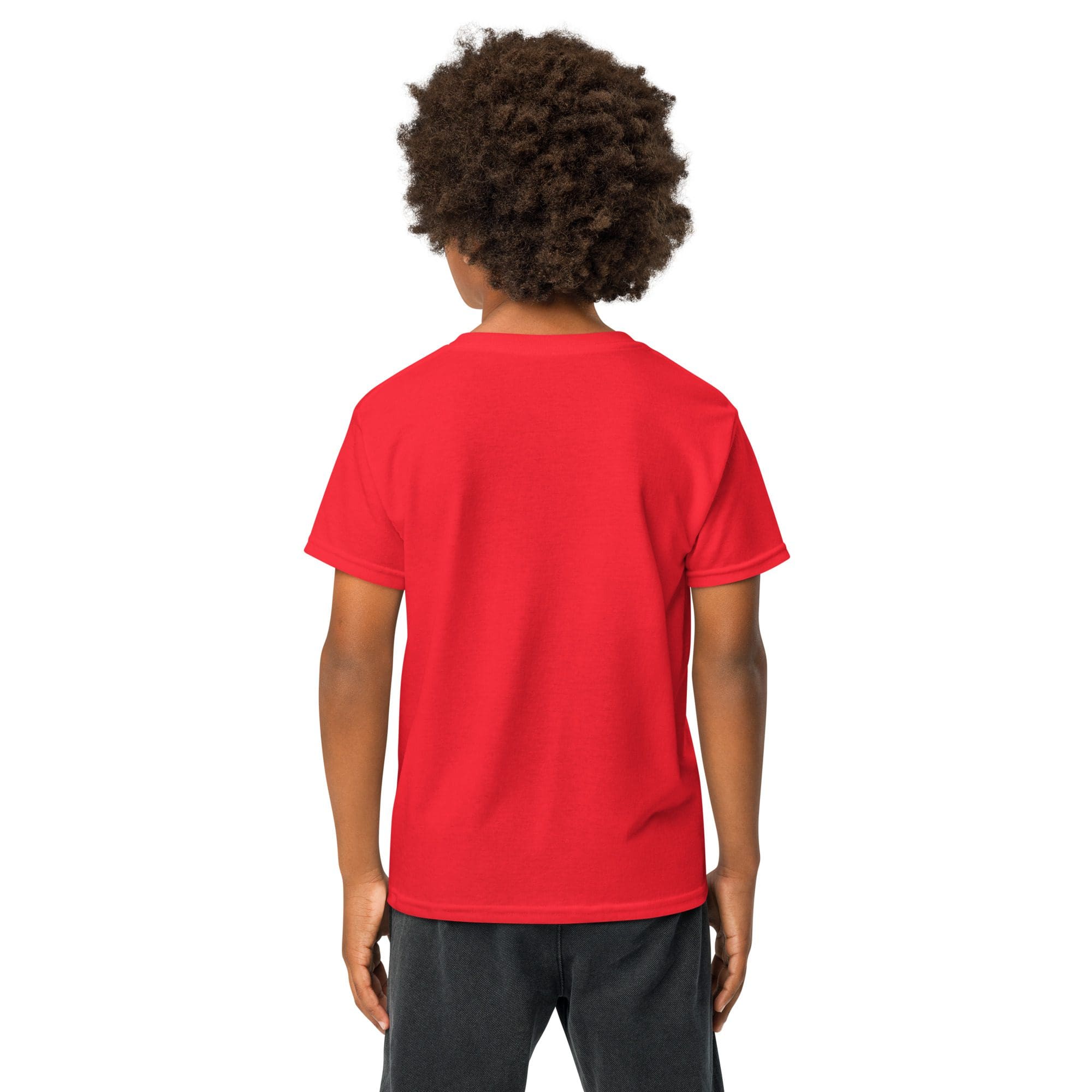 Child in red shirt facing away.