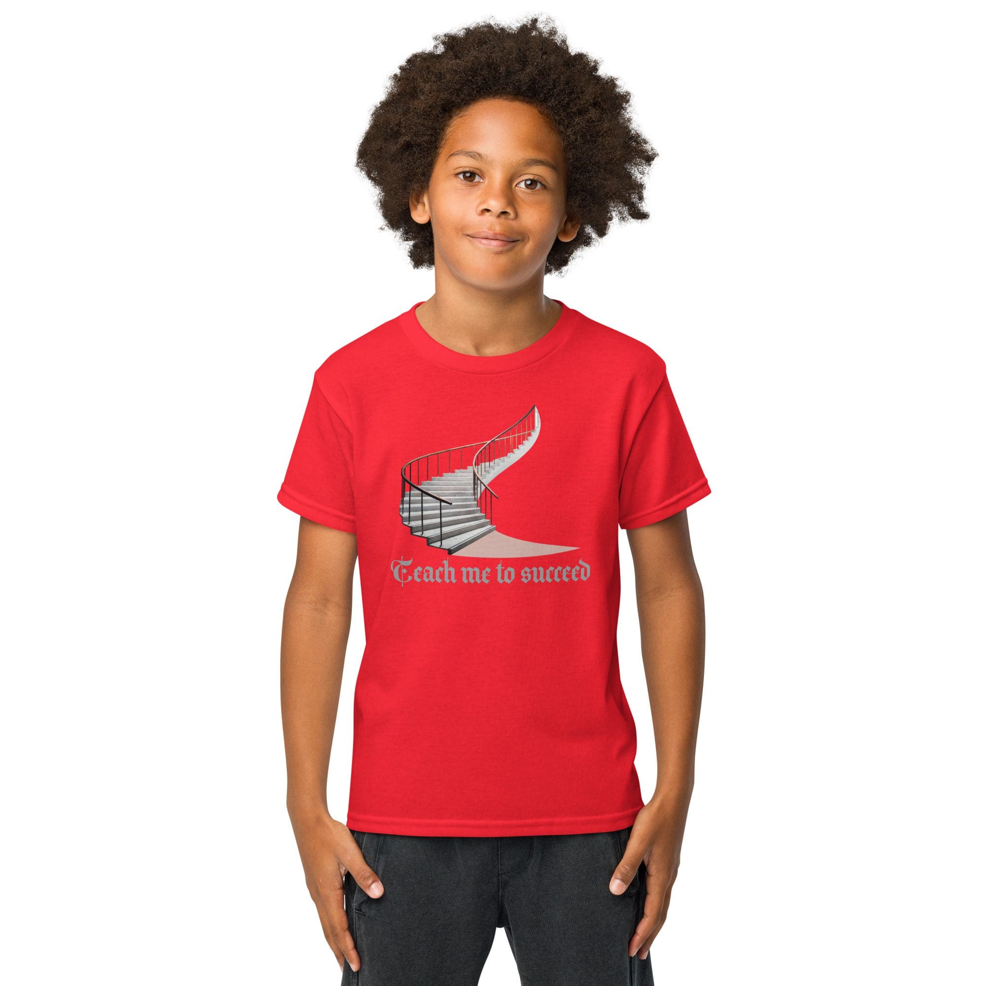 Boy wearing red "Teach me to succeed" shirt.